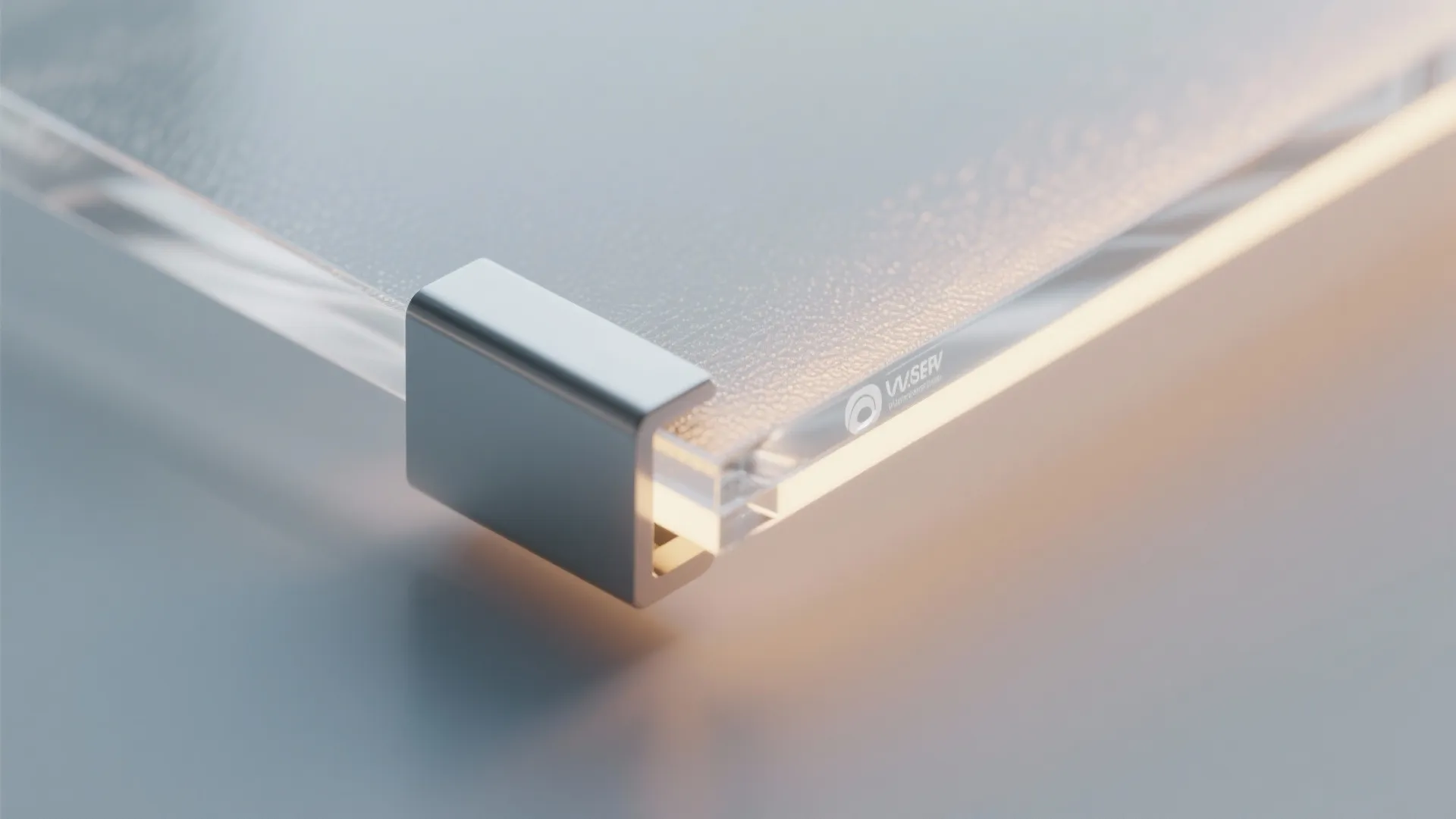Close-up of a frosted acrylic panel edge showing integrated edge-lit LEDs and a diffusing layer.