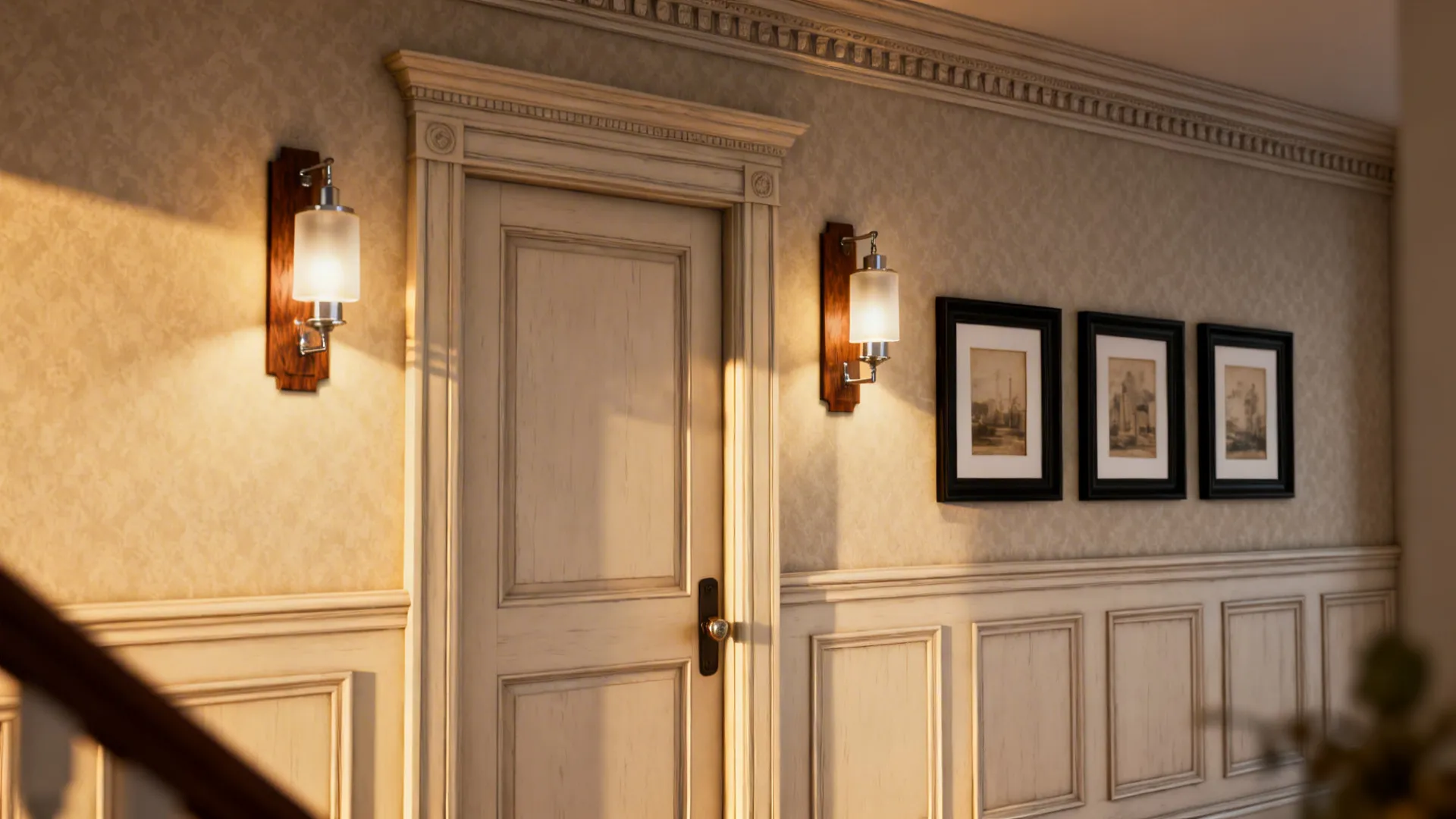 Feature wall with painted panels and sconces framing a centered front door.