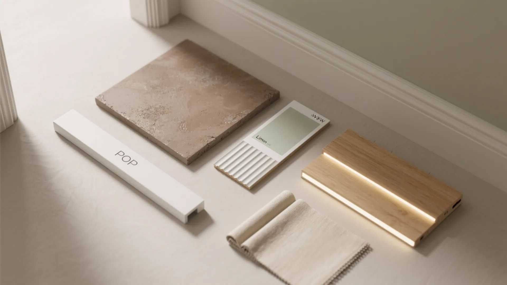 Interior design materials including stone tile wooden samples fabric swatch and white wall panel on floor