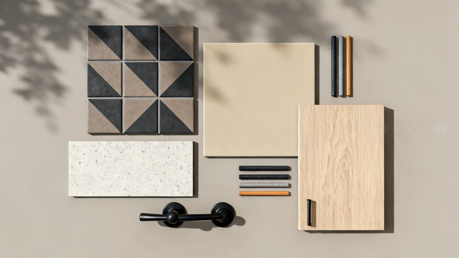 Flat lay of patterned tile, beige field tile, quartz, oak cabinet swatch, and grout sticks.