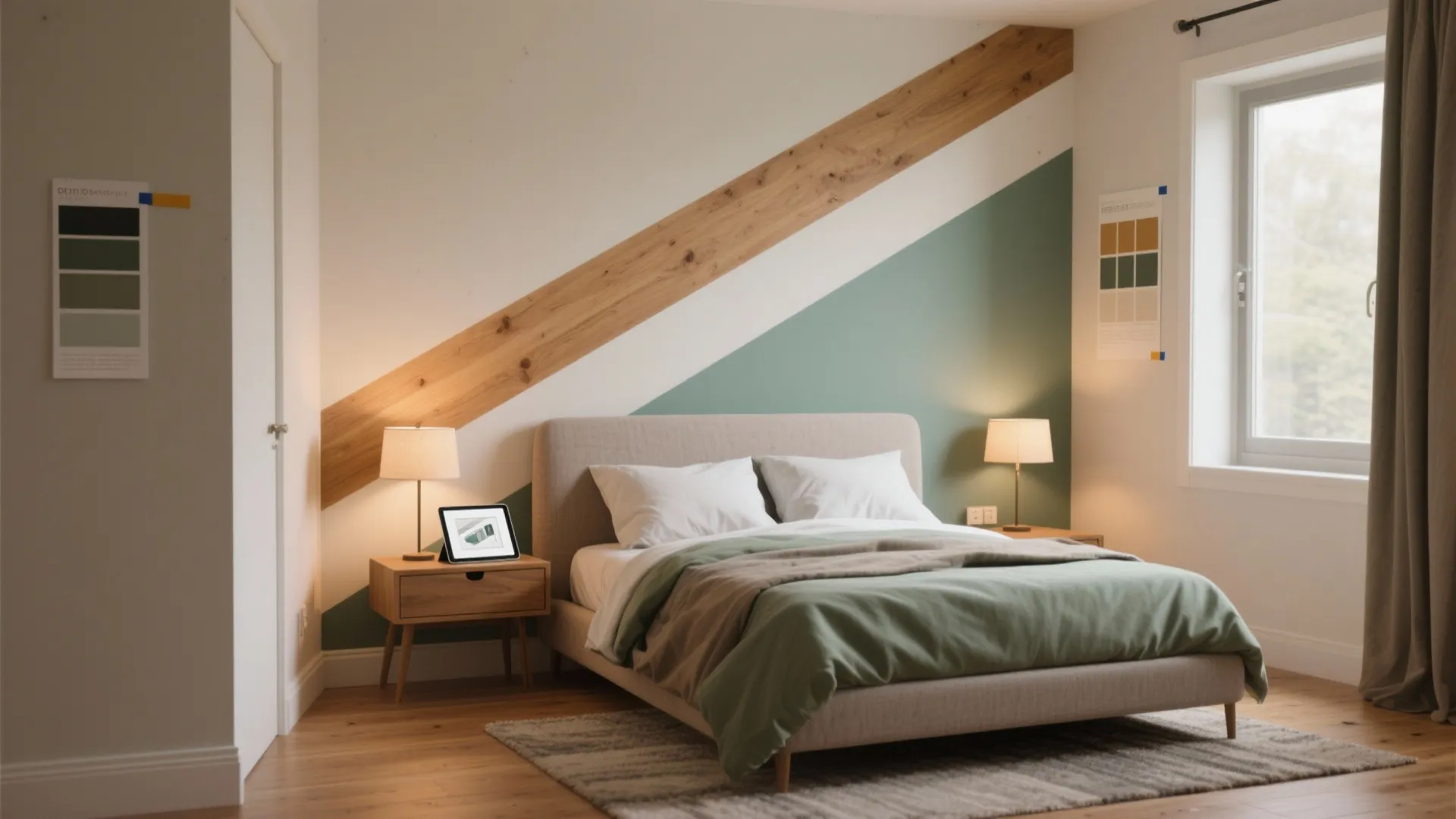 Bedroom featuring a creative wall design with wood trim and green paint plus wooden floors