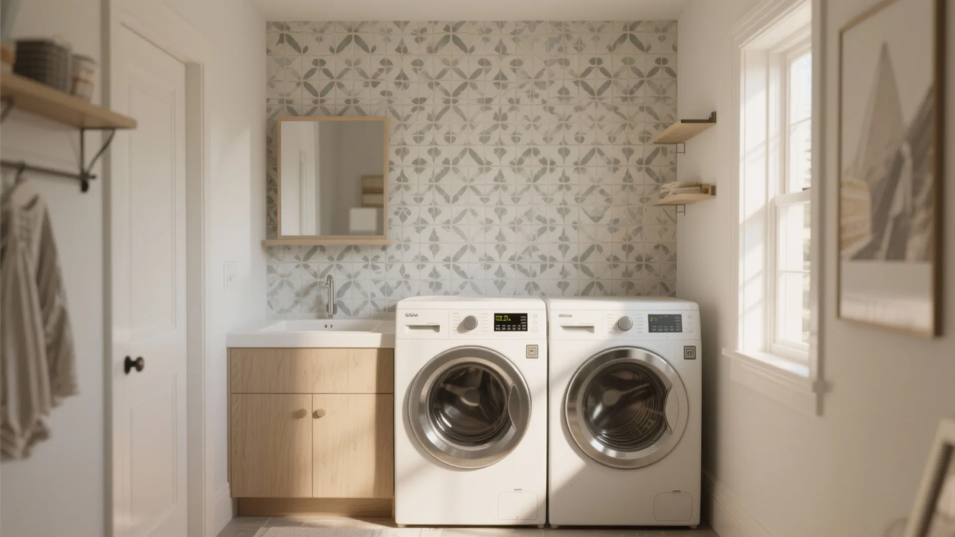 Modern laundry room with white washing machines wood cabinet patterned wall tiles and a small sink