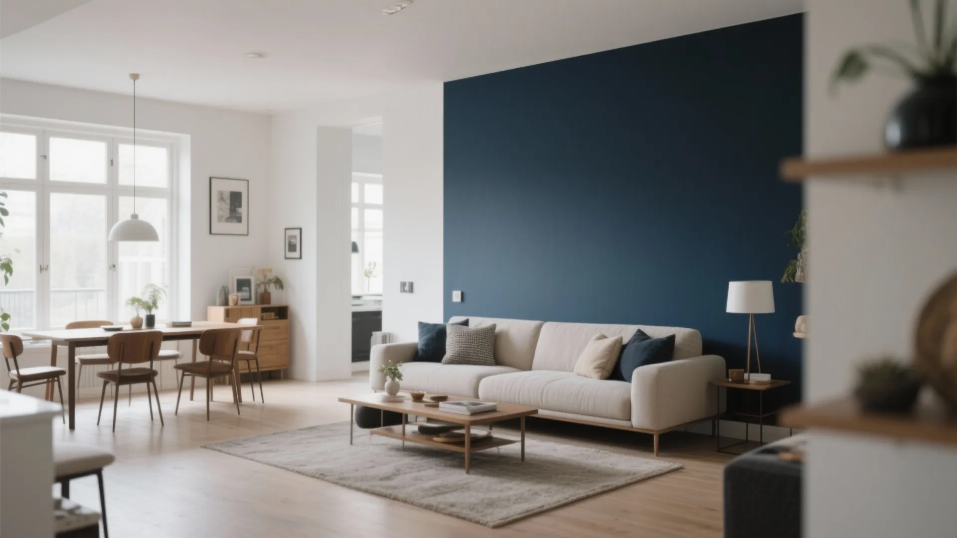 Modern living room with a navy blue accent wall white sofa wooden table and natural light