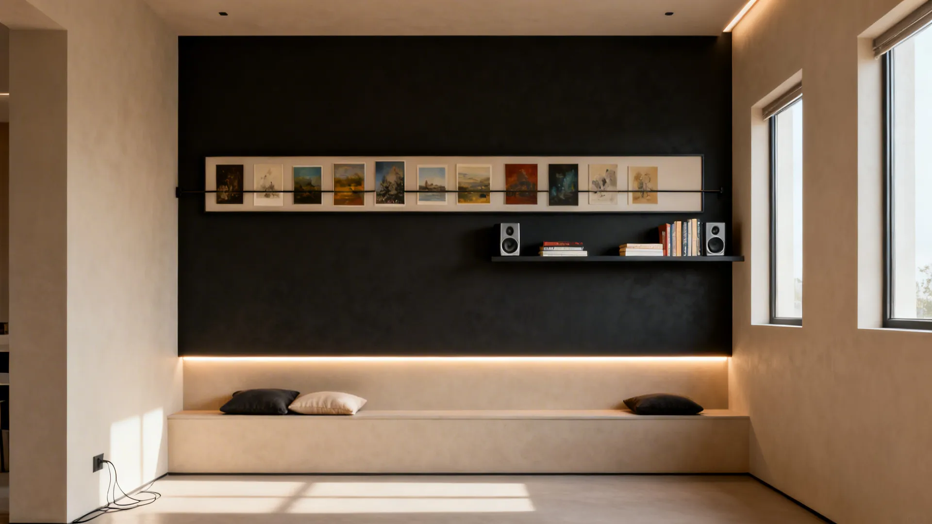 Charcoal feature wall with picture rail, shallow ledge, and indirect LED lighting in a furniture-free living room.