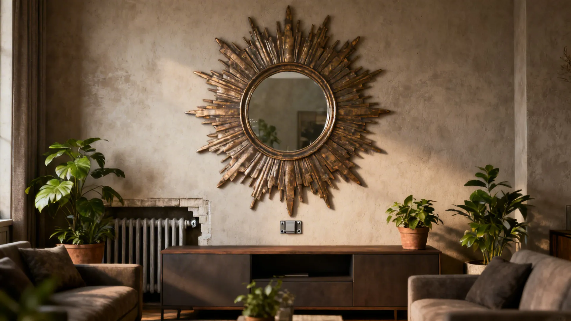 Feature wall with a sunburst mirror adding depth and masking an awkward architectural element