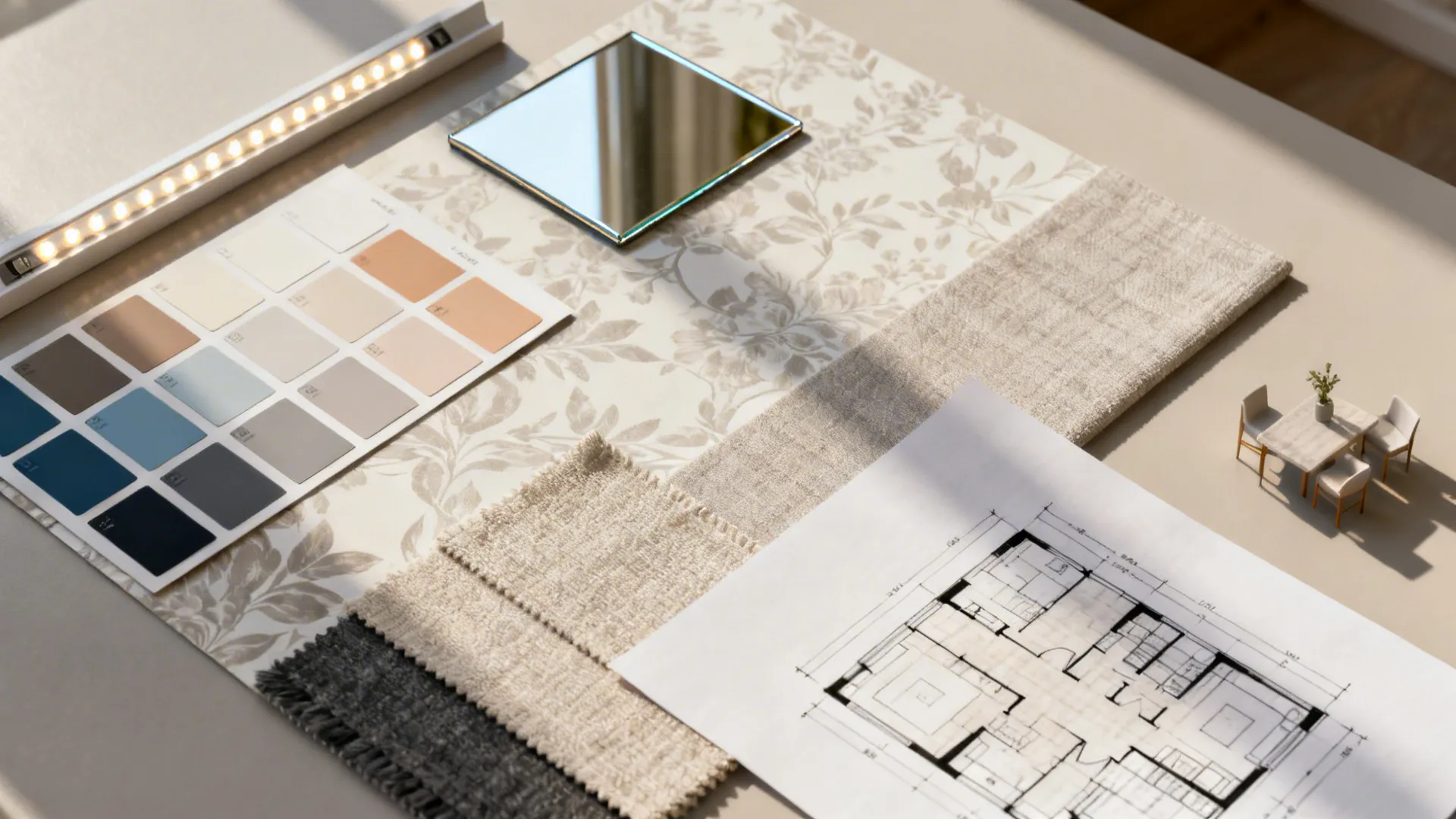 Top-down moodboard with paint swatches, textile samples, mirror tile, LED strip and a small floorplan for bedroom feature wall ideas.