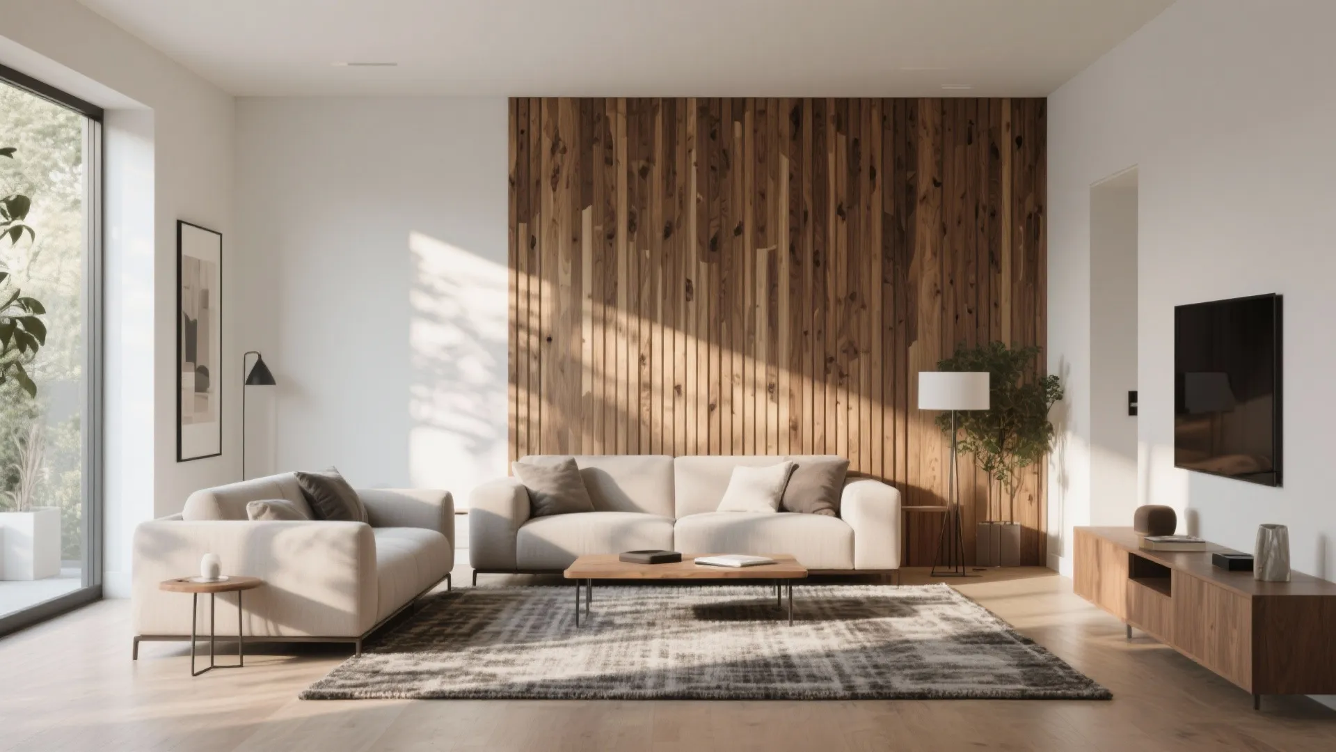 Living room with a vertical wood wall panel two cream sofas a rug and cabinet