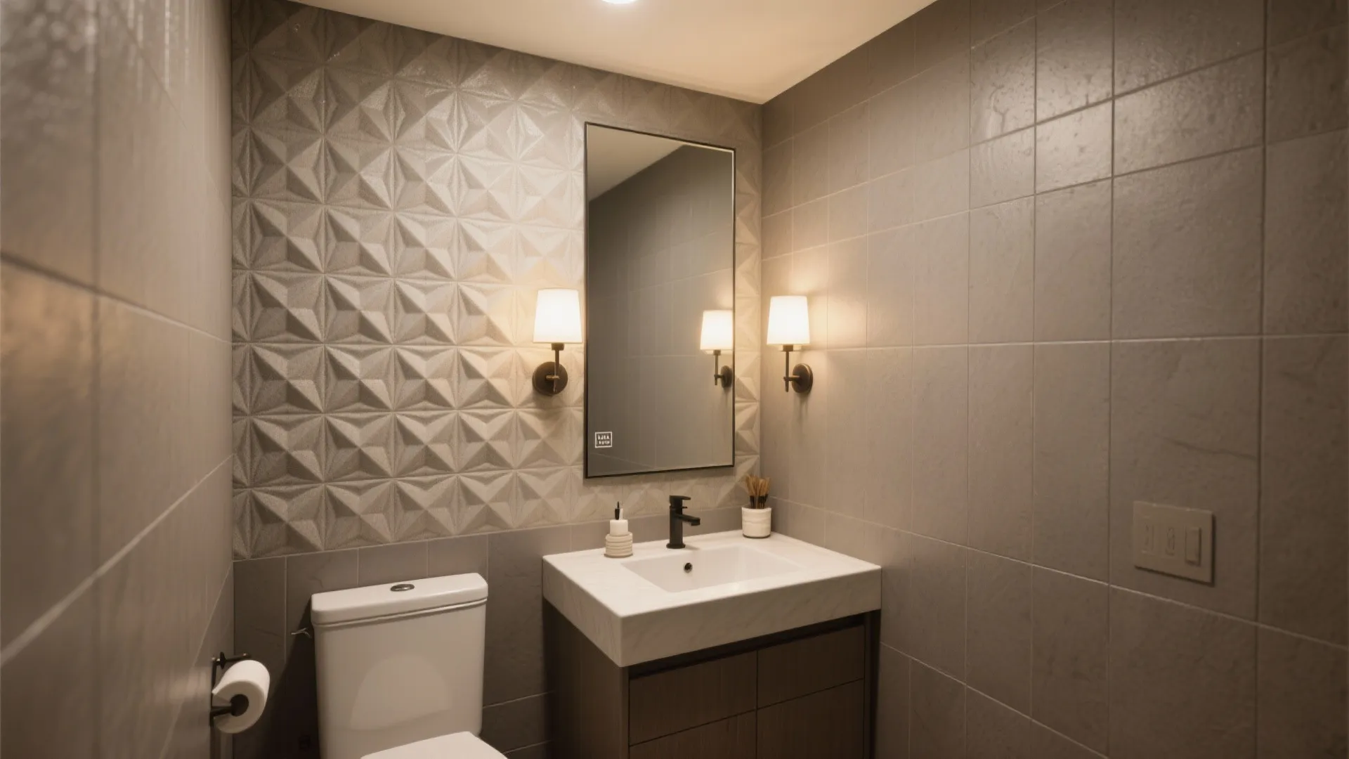 Small bath with one 3D feature wall and large-format quiet tiles elsewhere for balance.