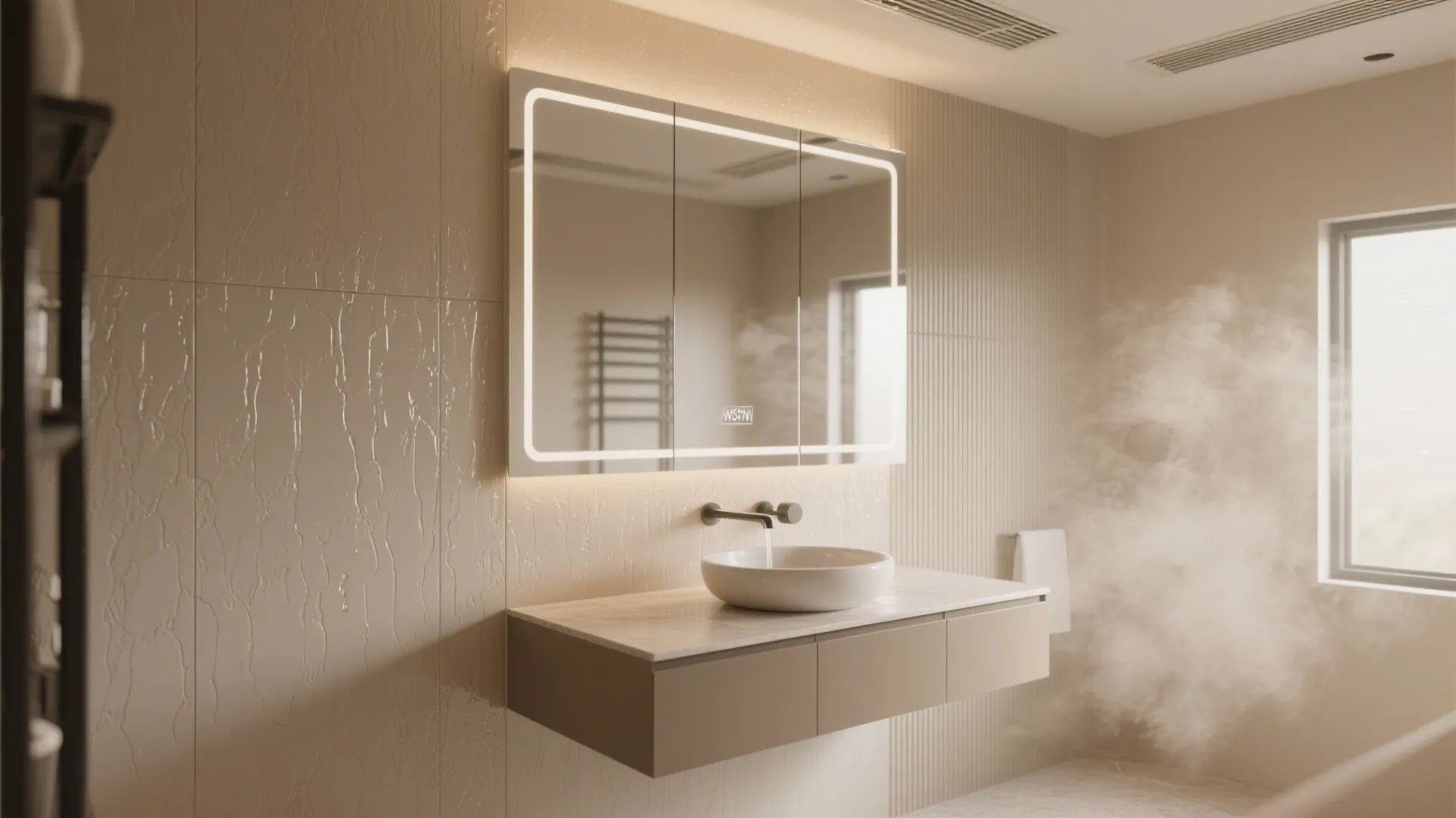 Modern bathroom with a glowing mirror cabinet above a sink and steam on the window