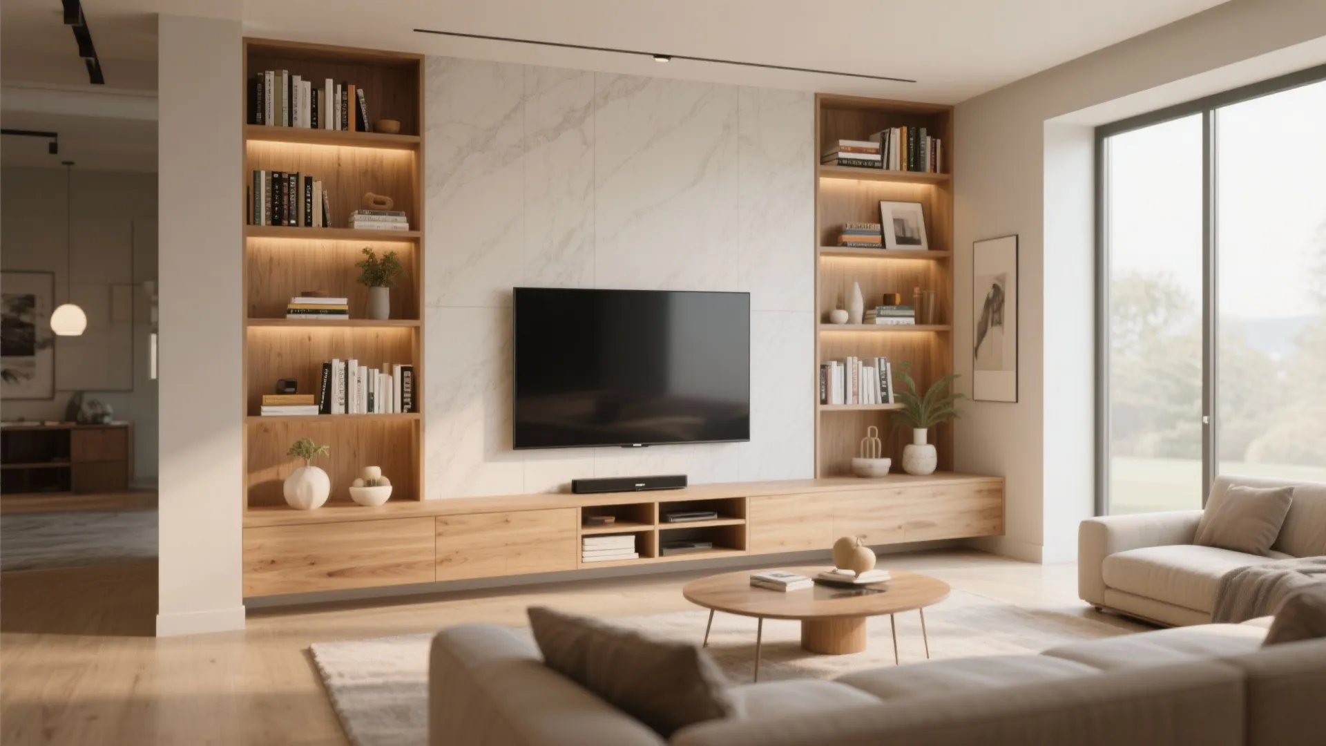 Wooden wall unit with bookshelves and television mounted on a marble panel in living room