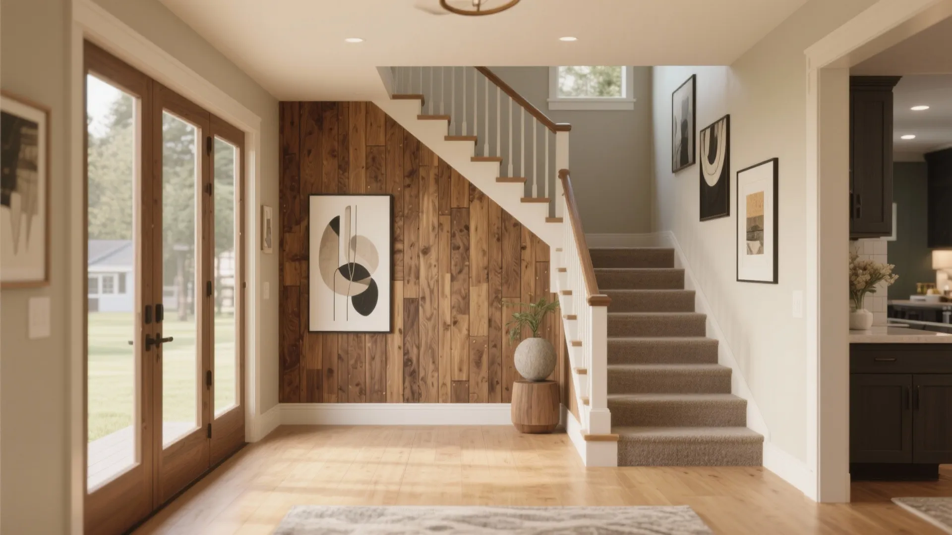 Modern home entryway with wooden wall panel art carpeted stairs wooden floor and large glass doors