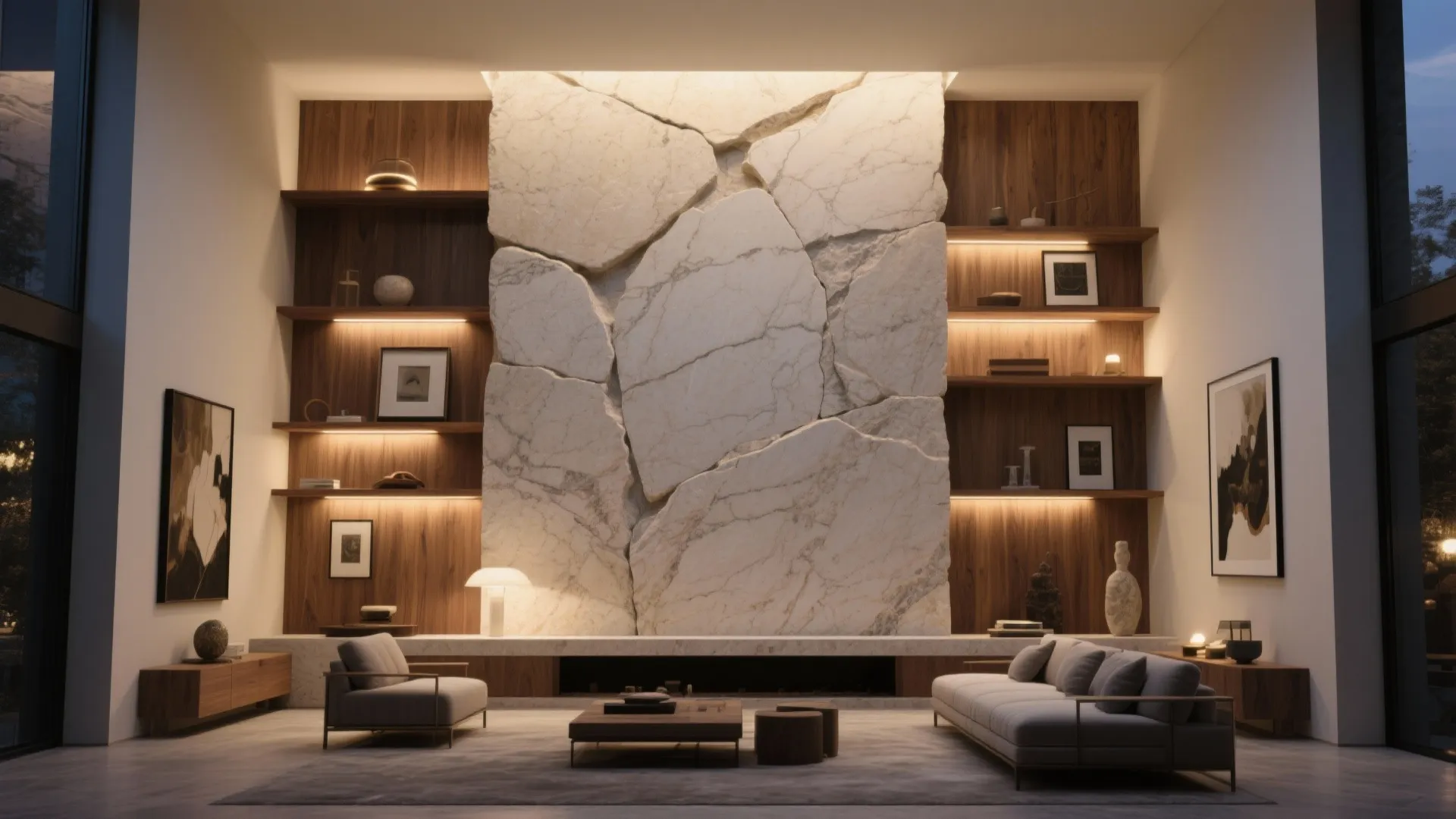 Feature wall with natural materials and art