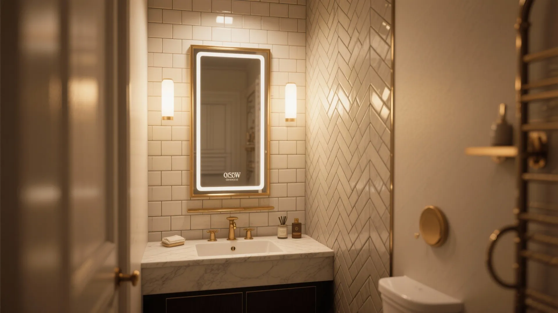 Small bathroom with a vertical stacked feature wall and herringbone inset behind mirror
