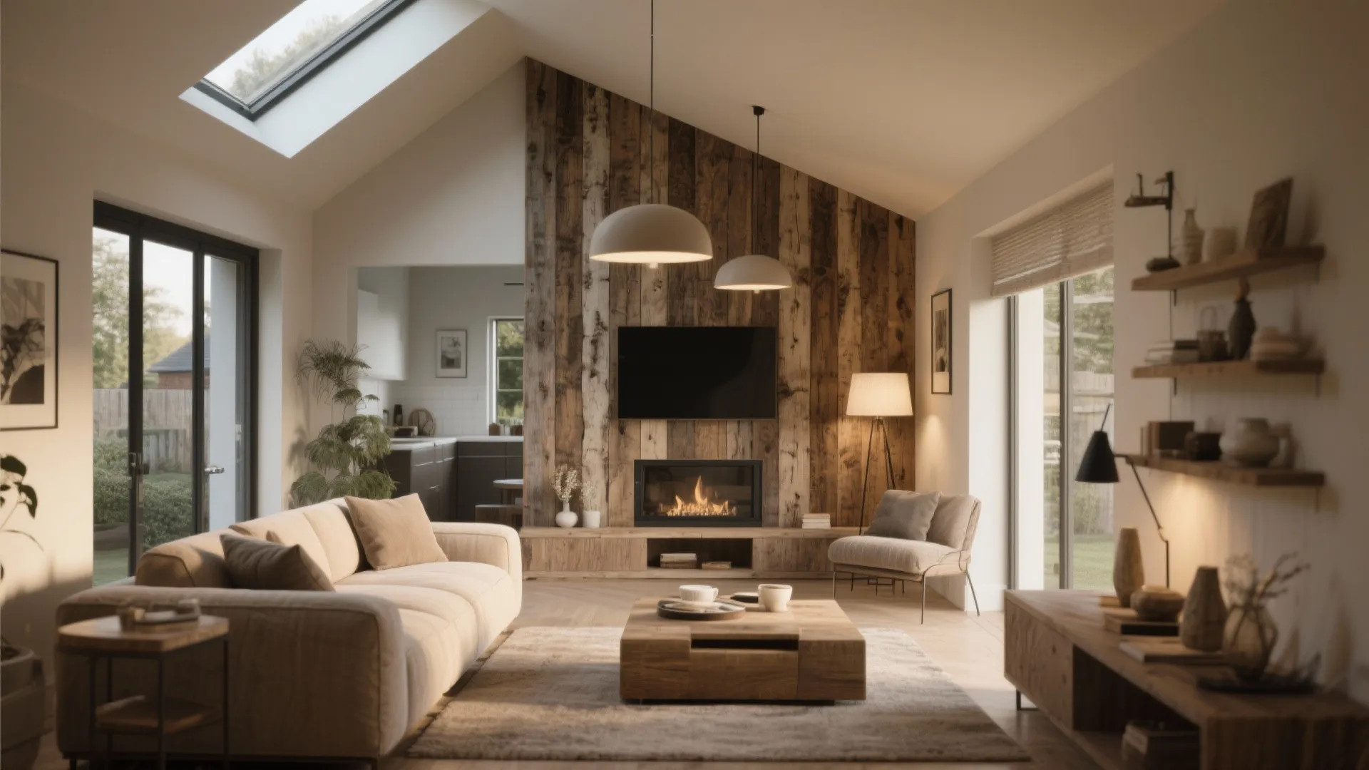 Living room with a wood wall panel, fireplace, television, beige sofa, and a roof window