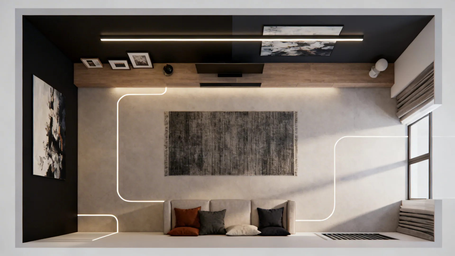 Top-down view illustrating a dark feature wall with art, ledge, and circulation around a central rug.