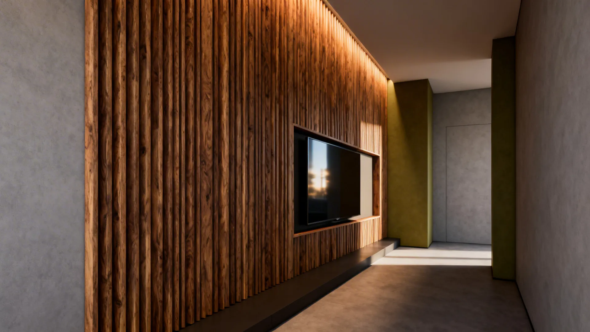 Flat screen television recessed into modern wooden panel wall with warm hidden light fixture above