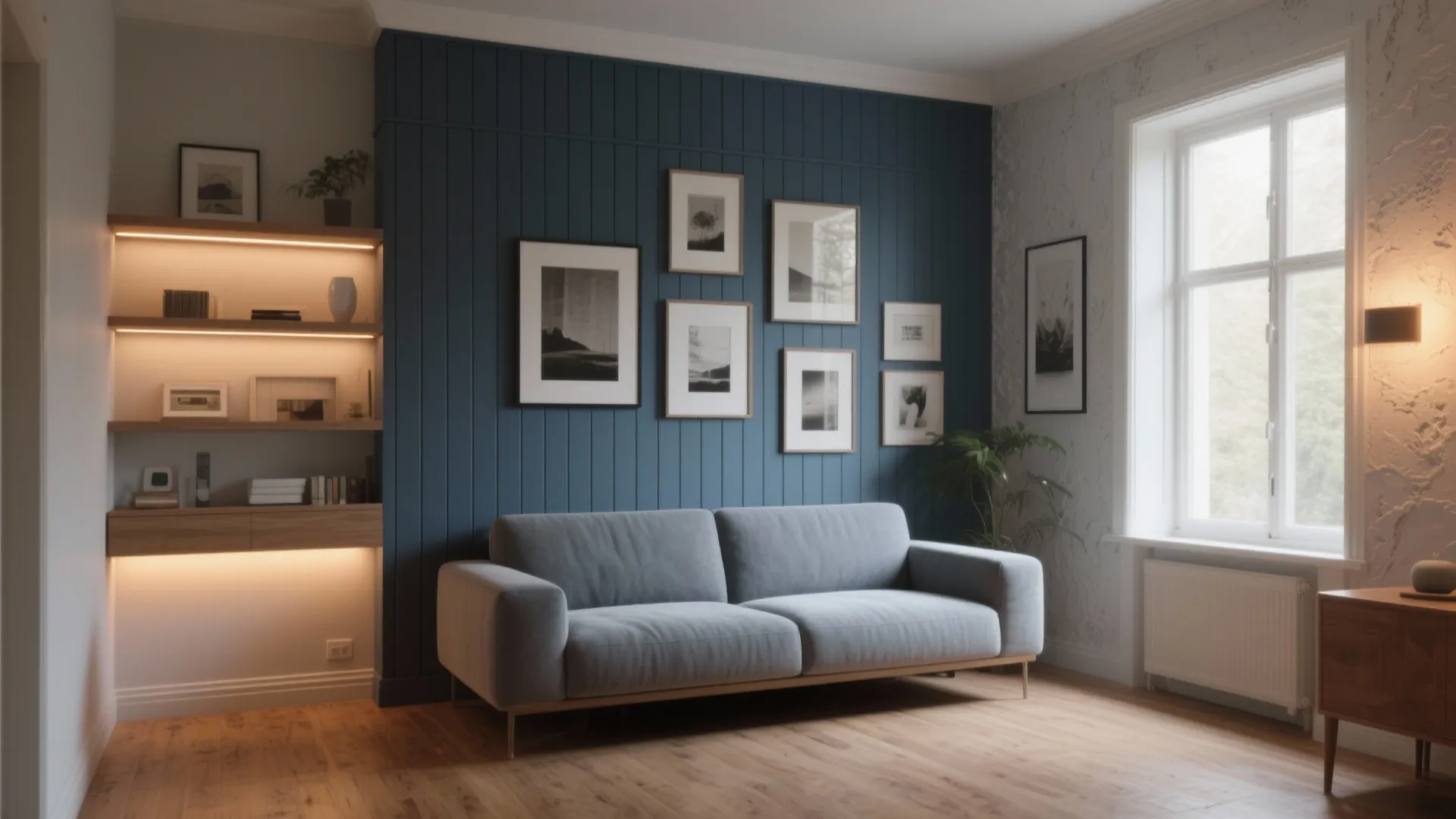 Modern living room with a grey sofa and blue wall panel featuring multiple framed pictures