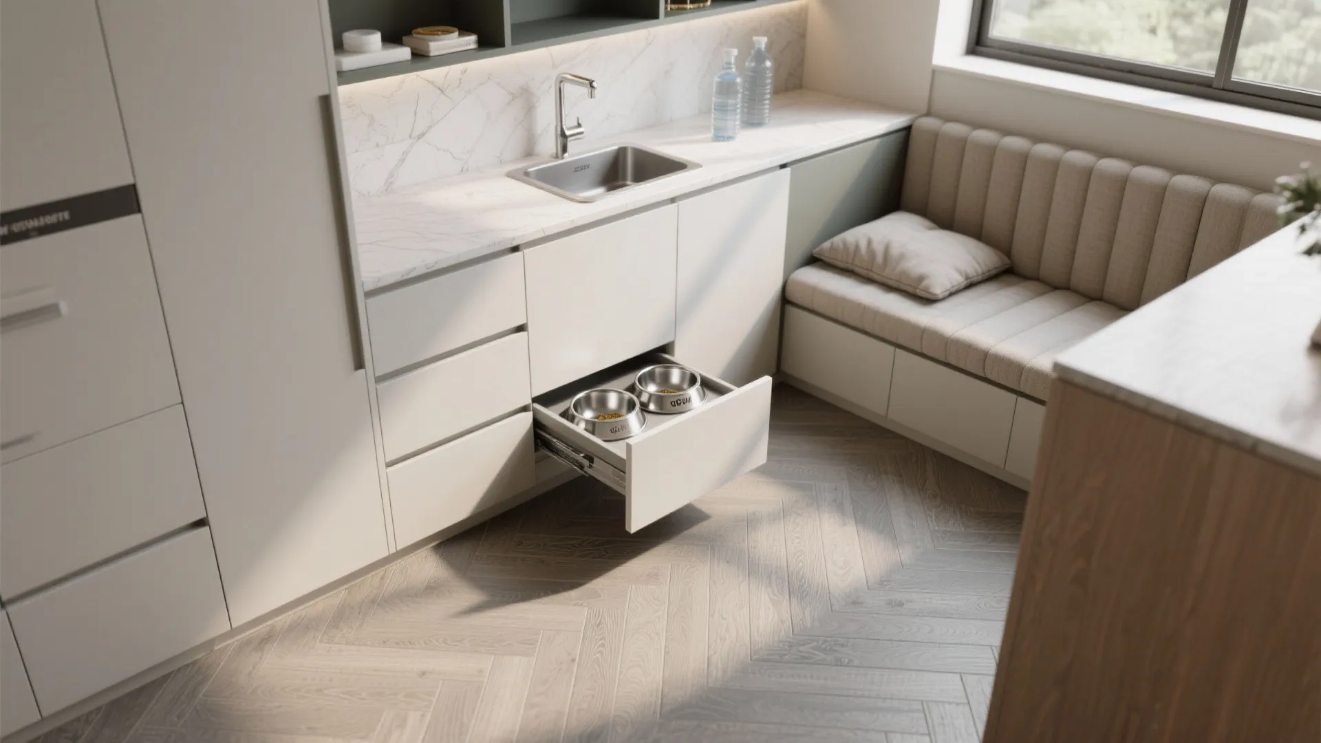 Modern kitchen with a pull out drawer for pet bowls next to a cozy sofa