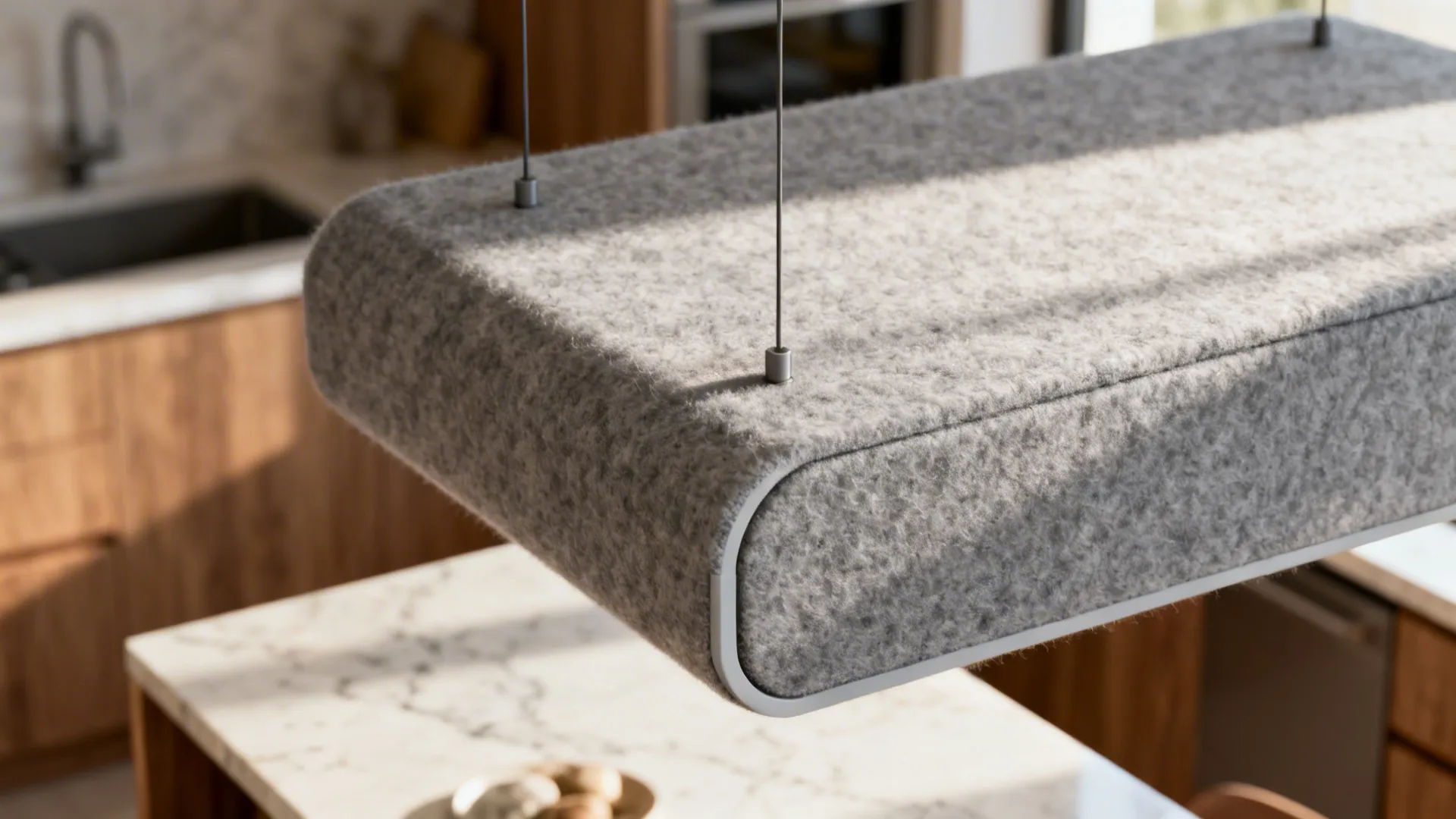 Macro of a gray felt acoustic baffle with crisp edge and subtle suspension above a kitchen island.
