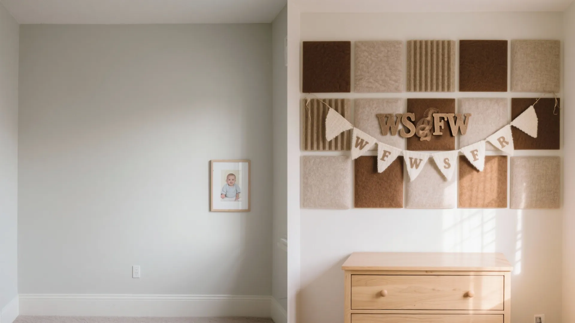 Before and after comparison of empty wall versus decorated wall with square brown wall panels