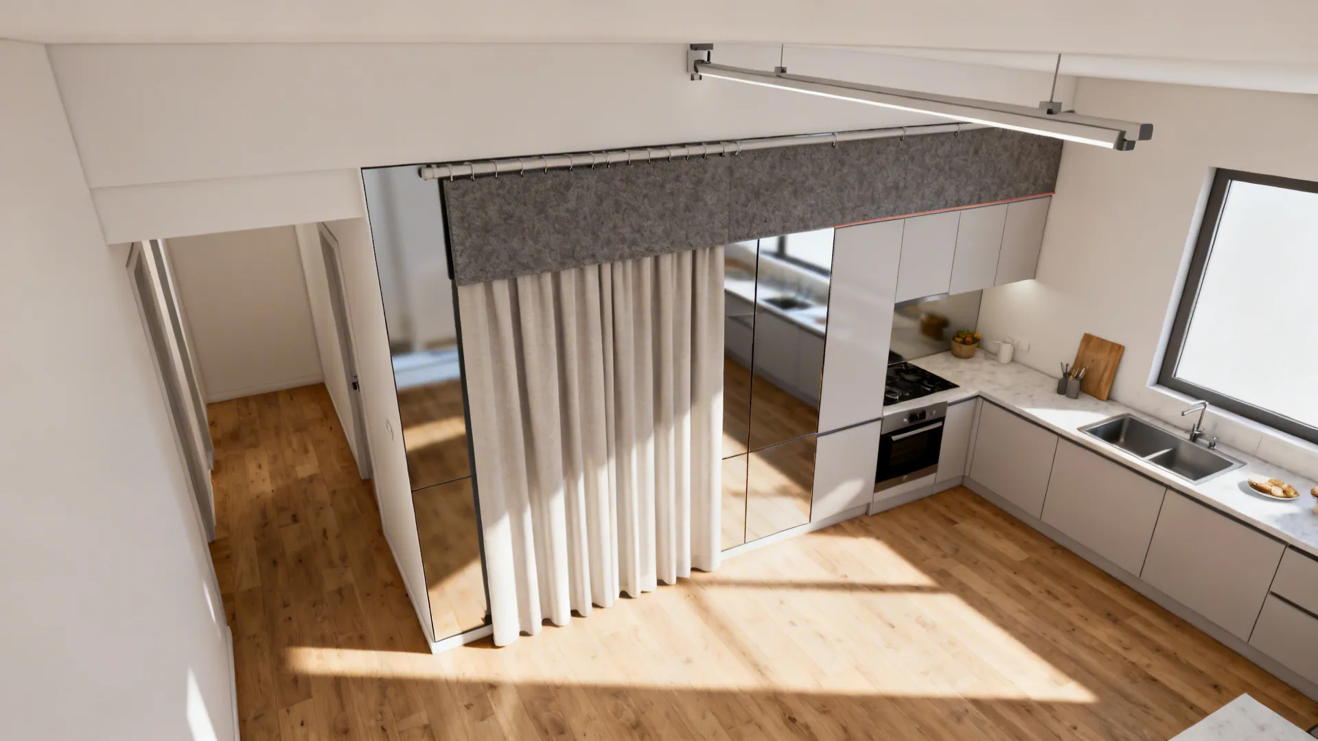 Top-down view showing an acoustic felt curtain zoning a small hall and galley kitchen with an air gap.