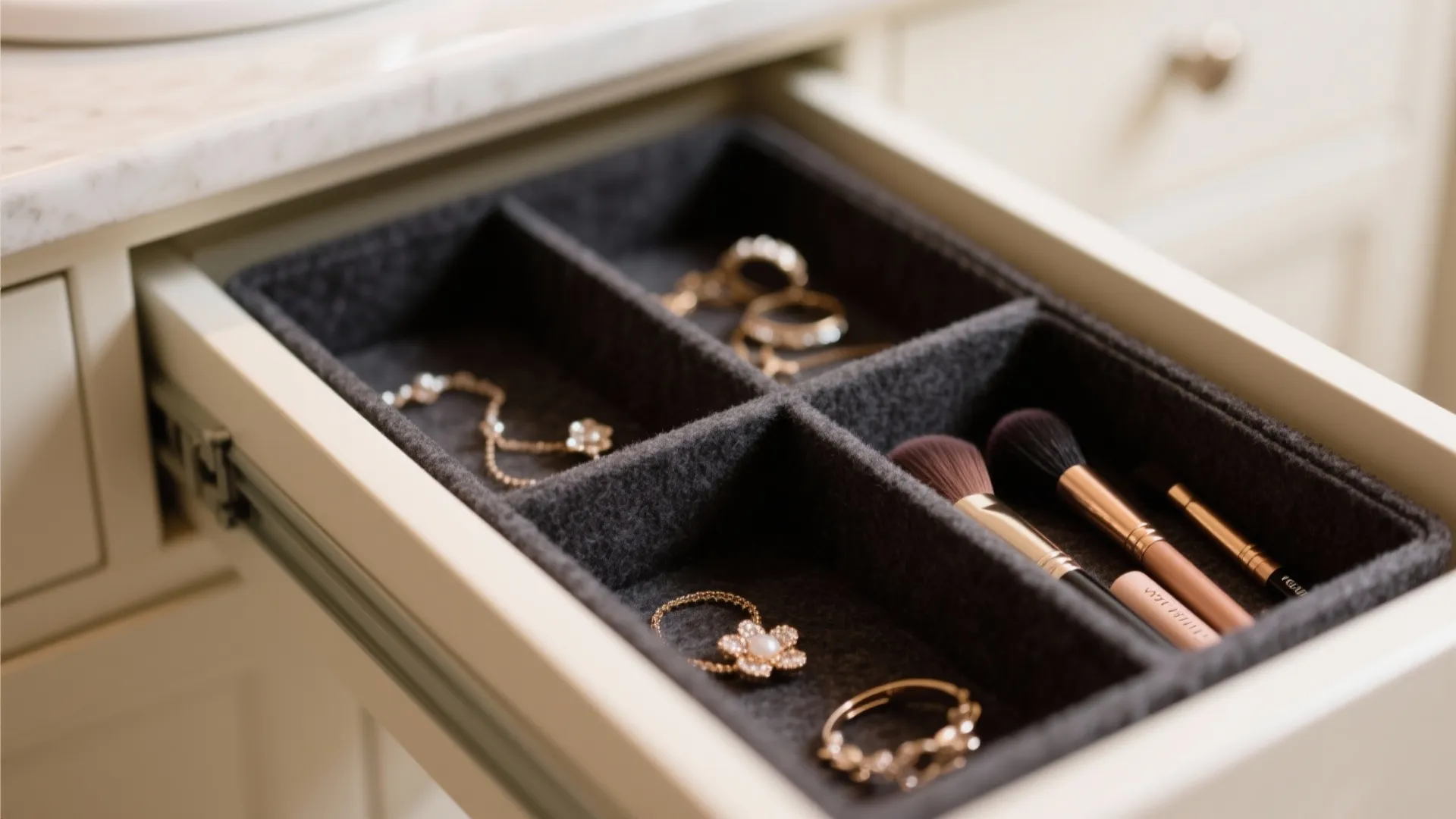 Open bathroom drawer with dark felt liners organizing gold rings necklaces and black soft makeup brushes