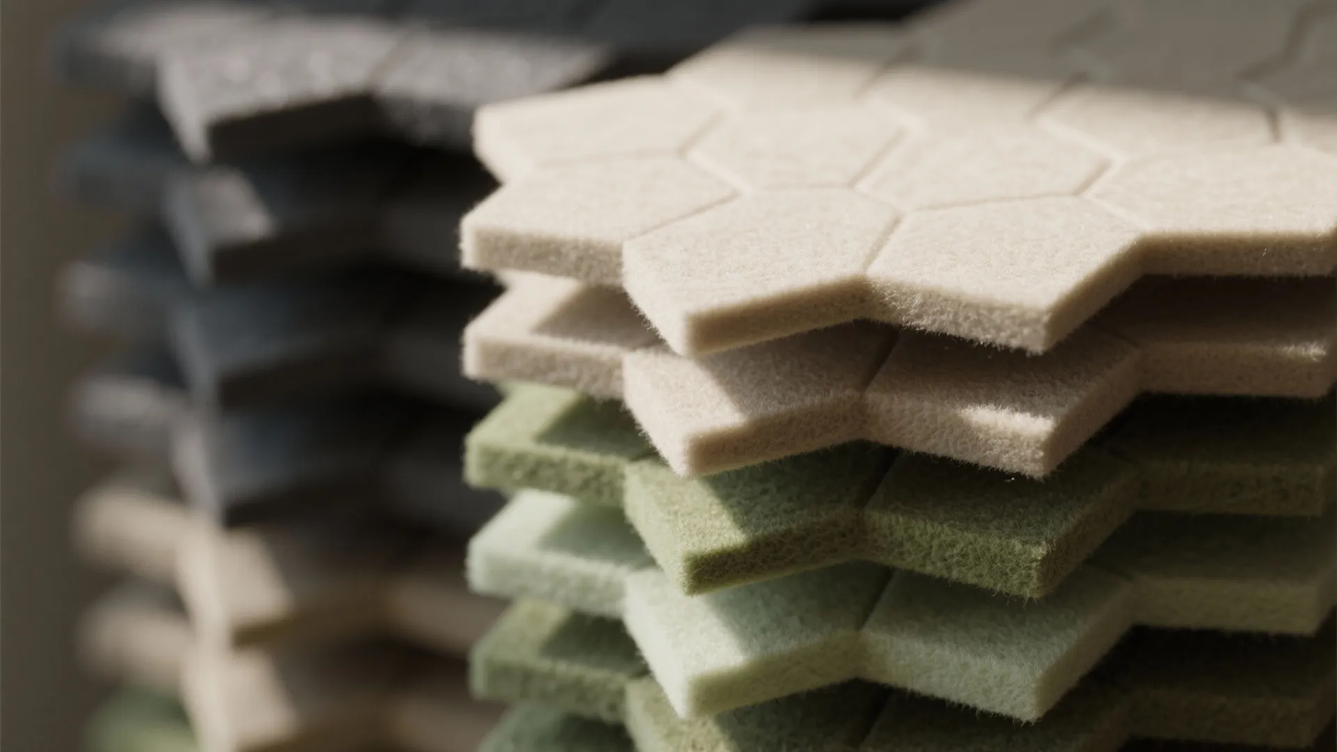 Stack of hexagonal soft wall panels in white and green colors for modern room decoration