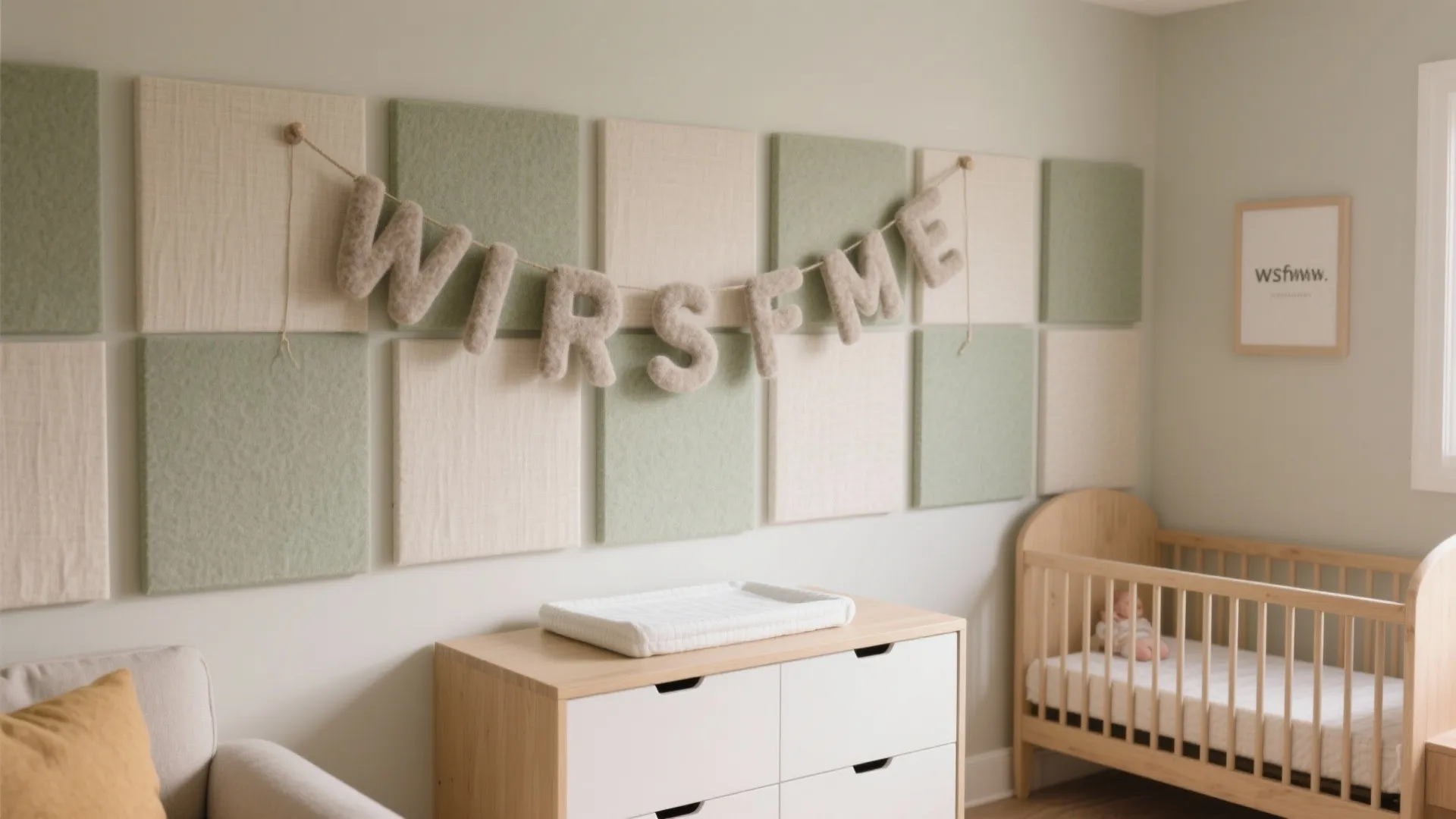 Baby nursery room featuring green wall panels wooden crib white dresser and a soft banner