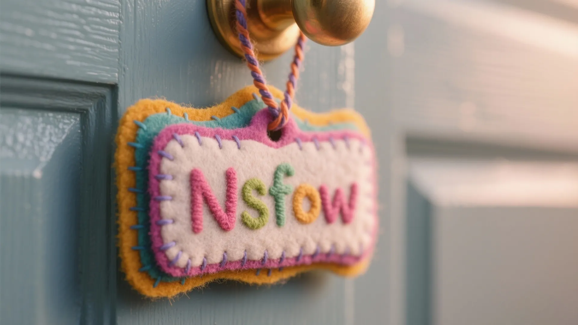 Handmade colorful felt name tag hanging from a gold door knob on a blue door