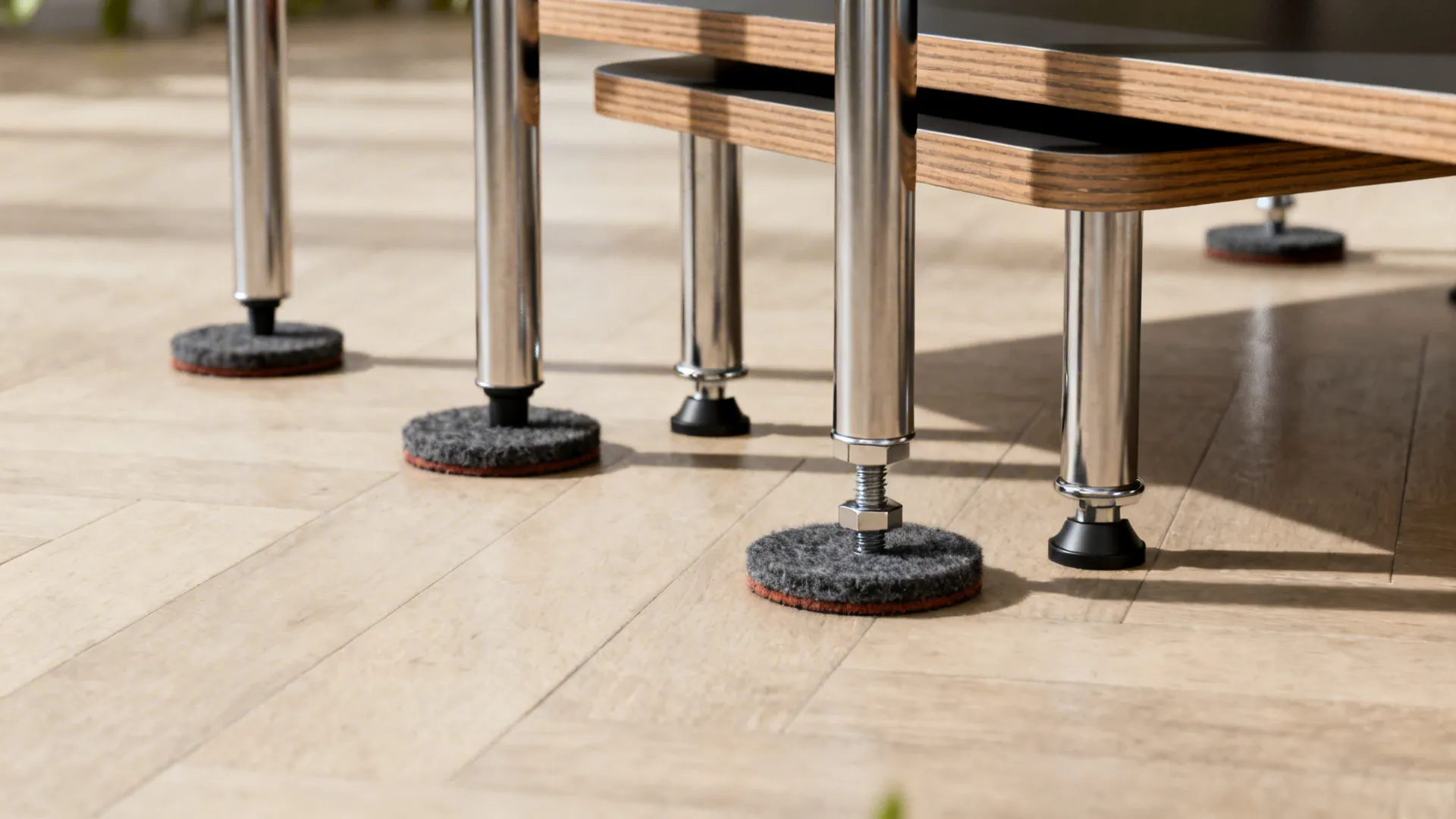 Felt pads and adjustable feet on nesting table legs to prevent wobble