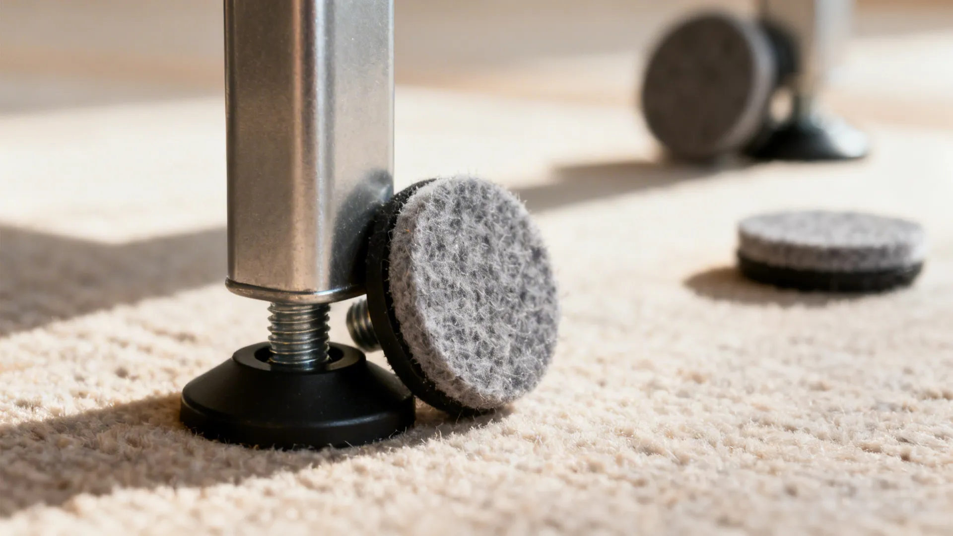 Close-up of adhesive felt pads and an adjustable glide fitted to a metal table leg to prevent scratching and wobble.
