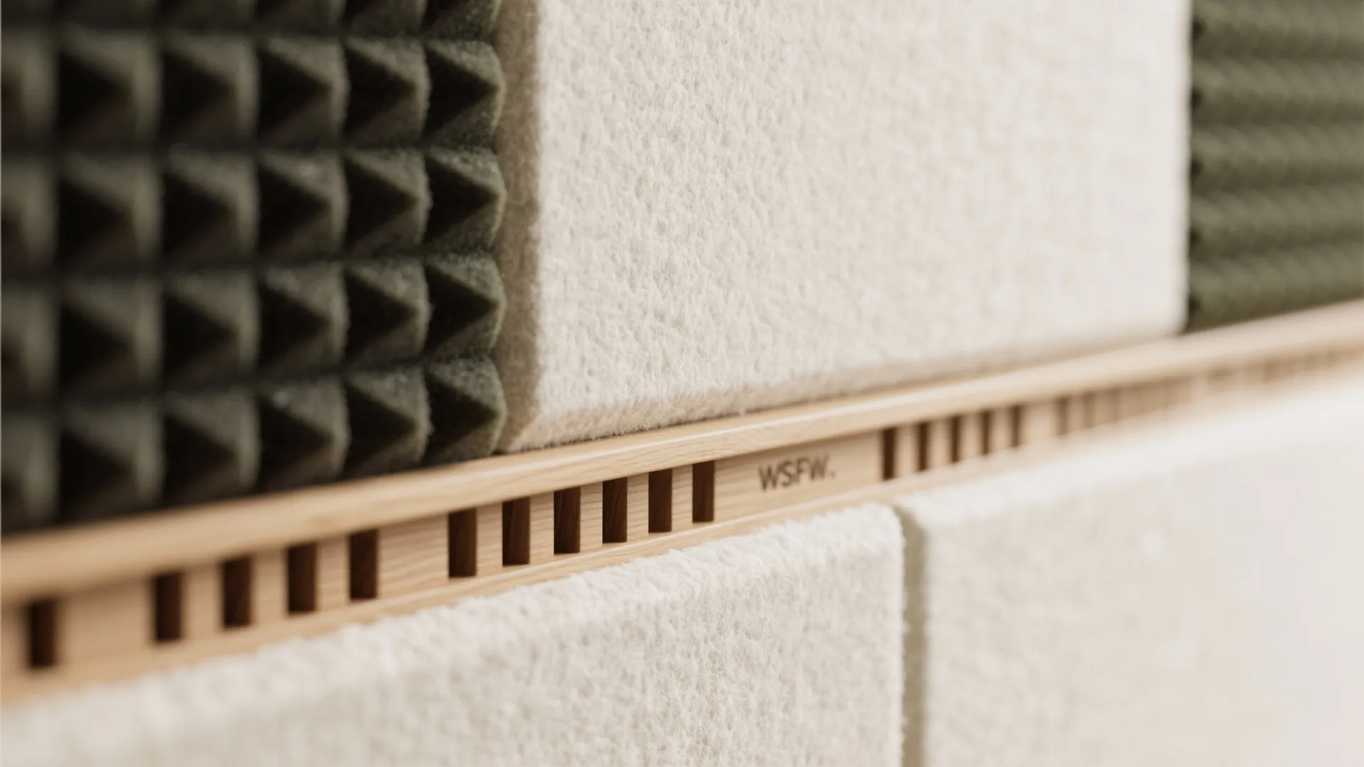 Close up view of sound absorbing wall panels made of soft white and green foam