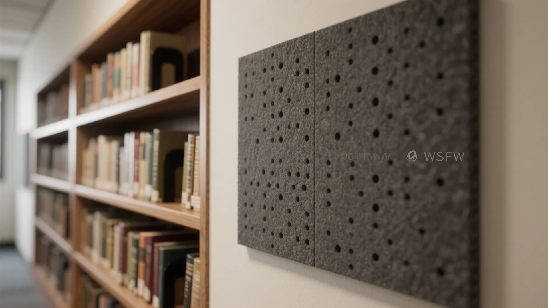 Acoustic softening with felt panels and book-lined walls