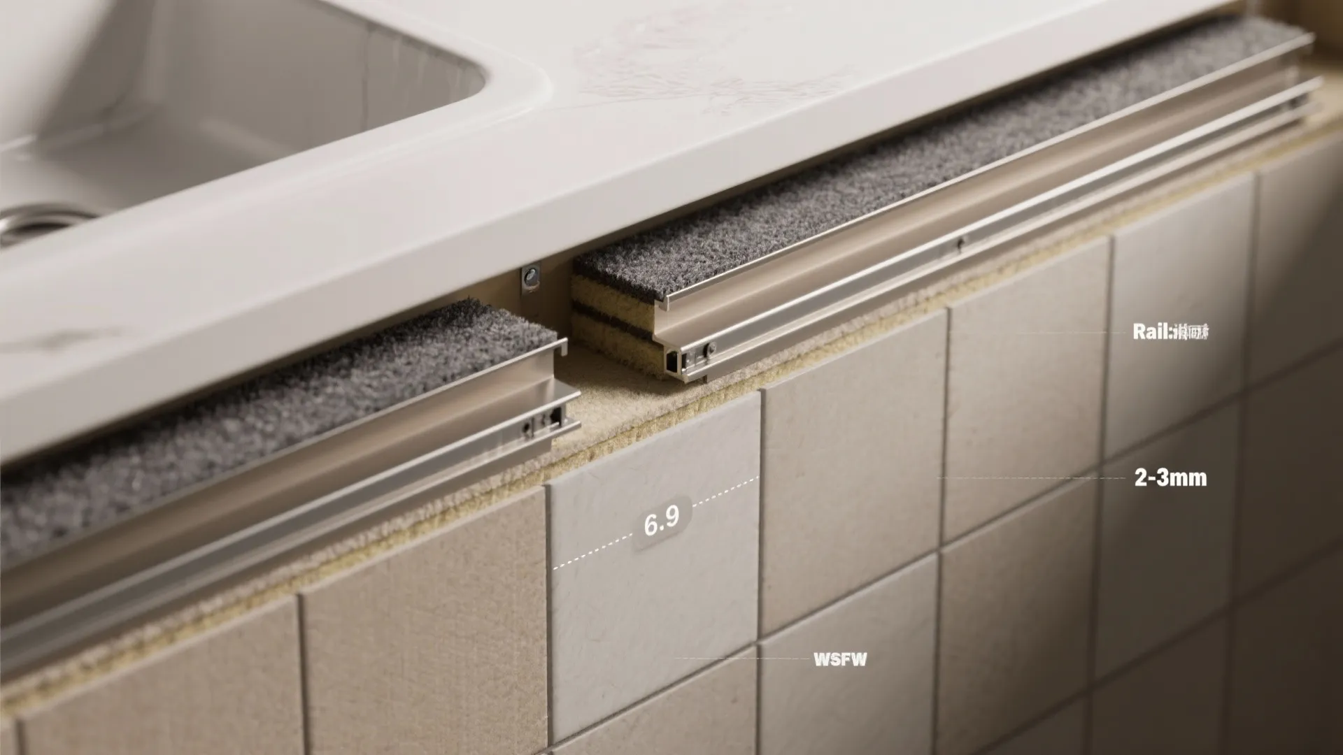 Technical view of kitchen sink installation showing metal rail felt padding and white wall tiles