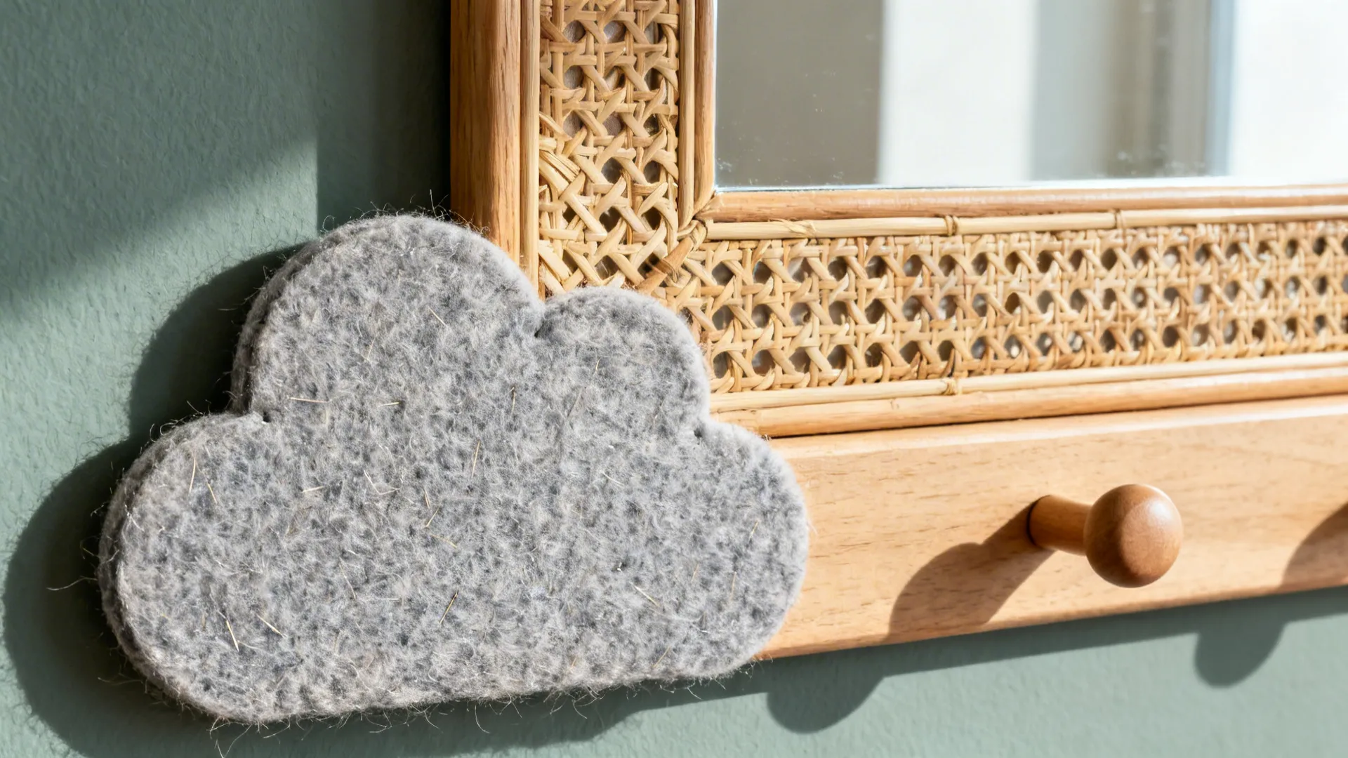 Close-up of felt cloud edge, rattan frame weave, and rounded oak hook on a sage wall.