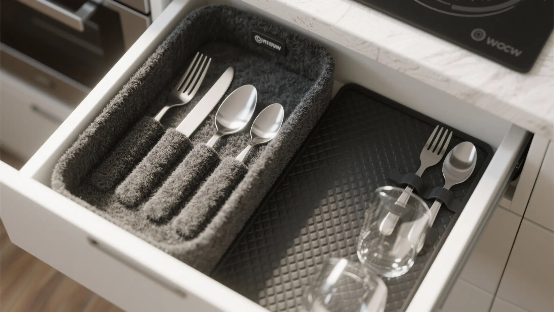 Grey felt tray and black rubber mat organizing forks spoons and glasses inside a white drawer