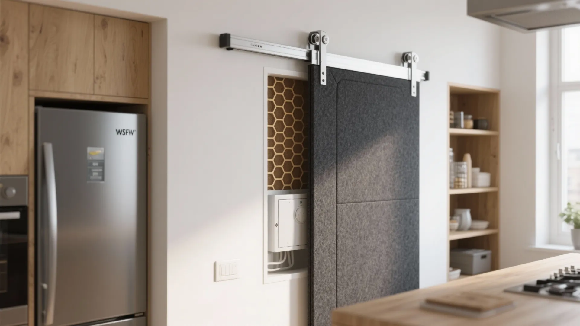 Felt-Covered Sliding Panel to Hide Utilities