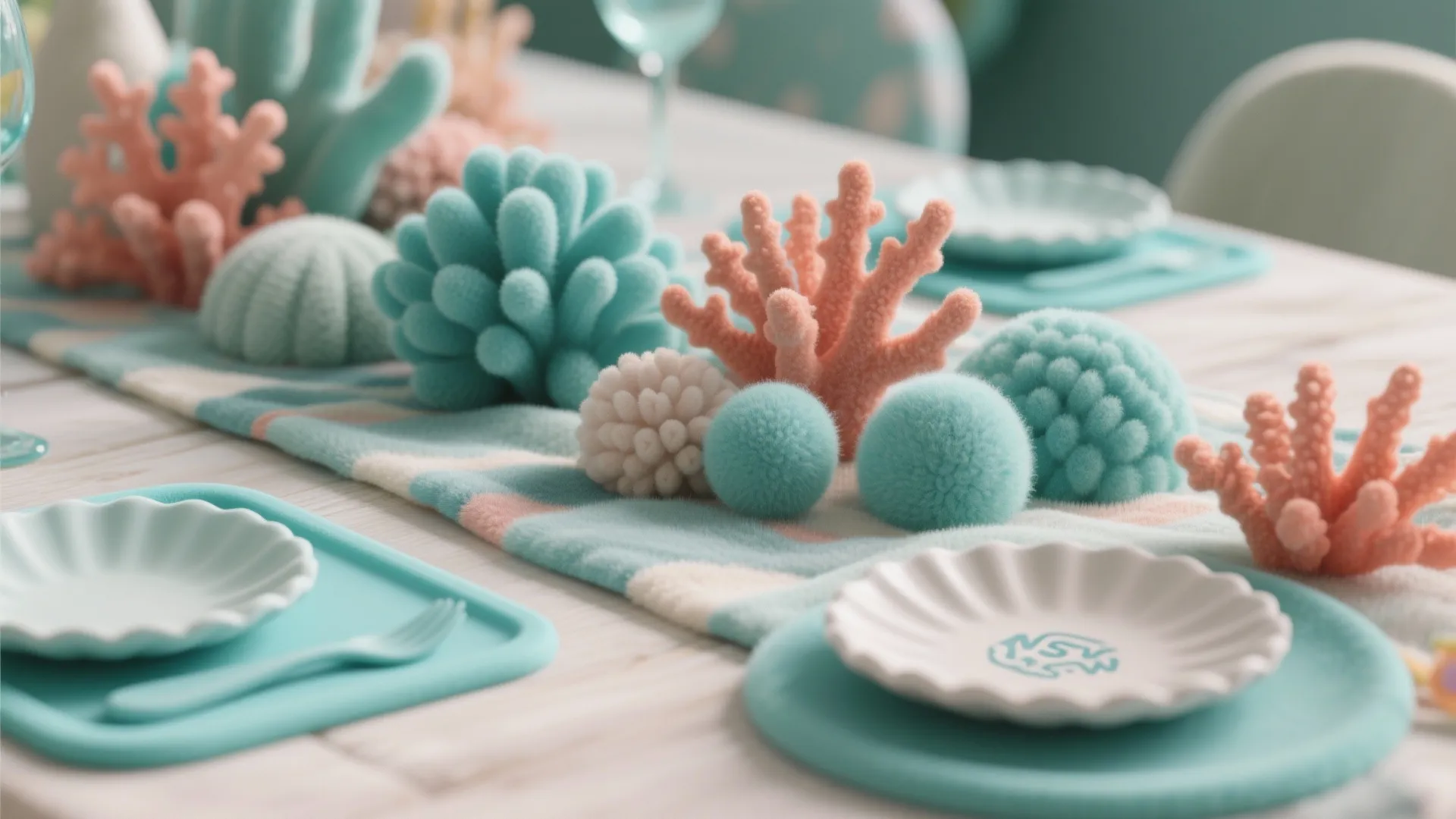 Macro of felt corals, soft table runner, silicone placemat, and foam shells showcasing sensory-friendly party textures.