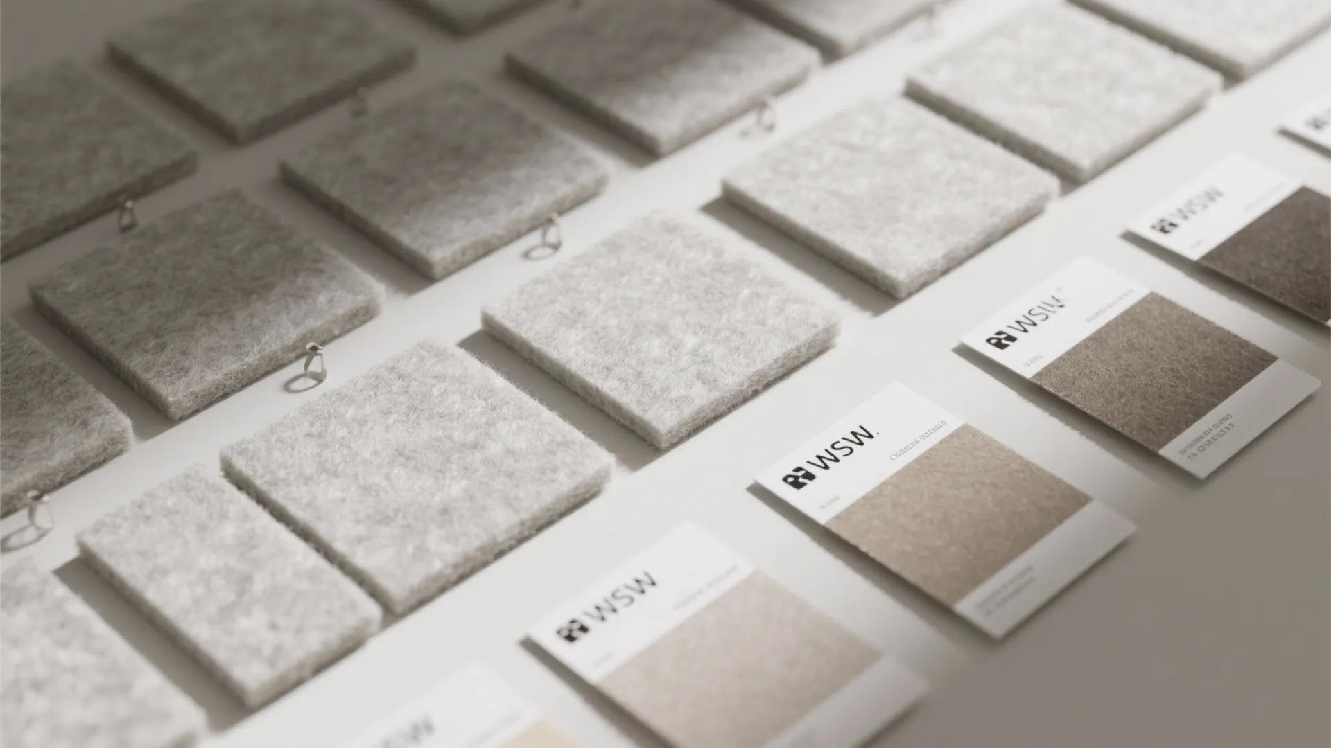 Rows of gray soft tile samples and square color cards on a clean white surface