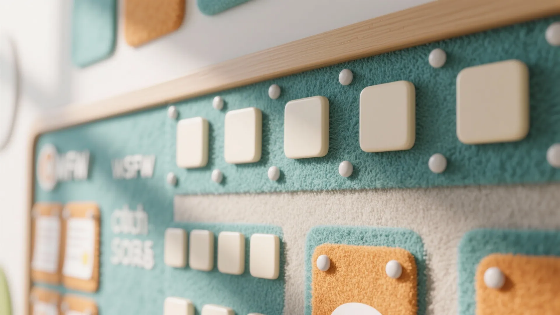 Close up of a blue and orange fabric board with small white square plastic pieces