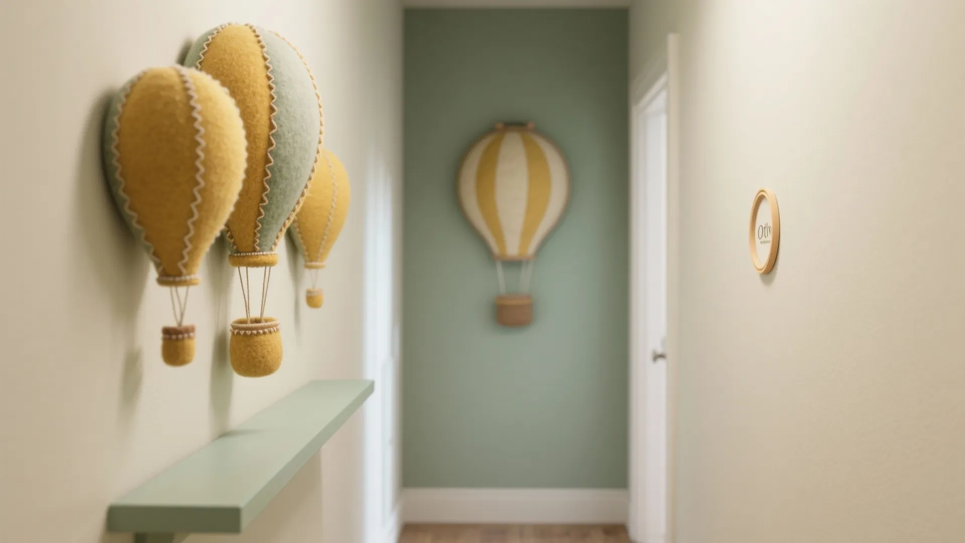 Small felt hot air balloon wall decorations inside a narrow hallway with light green colored walls