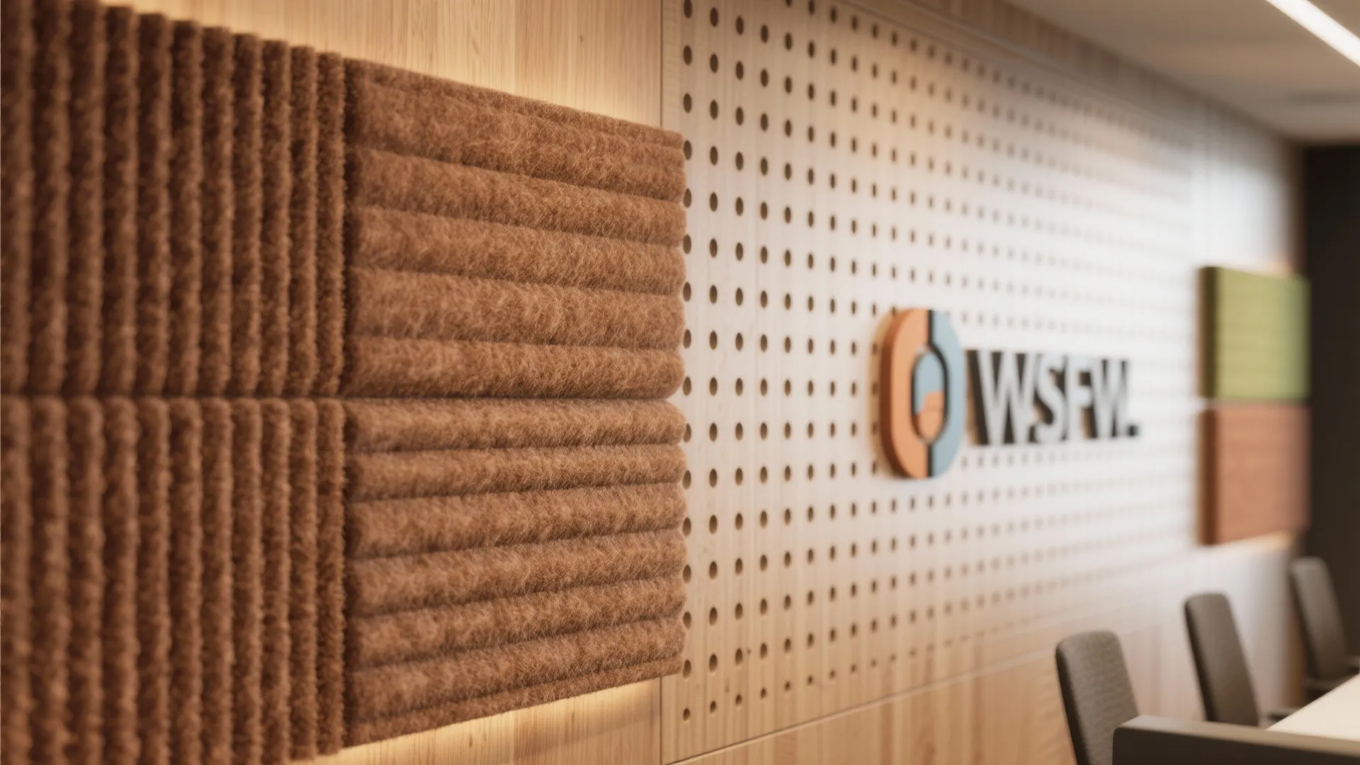 Modern office wall design with brown felt acoustic panels on a perforated light wood surface
