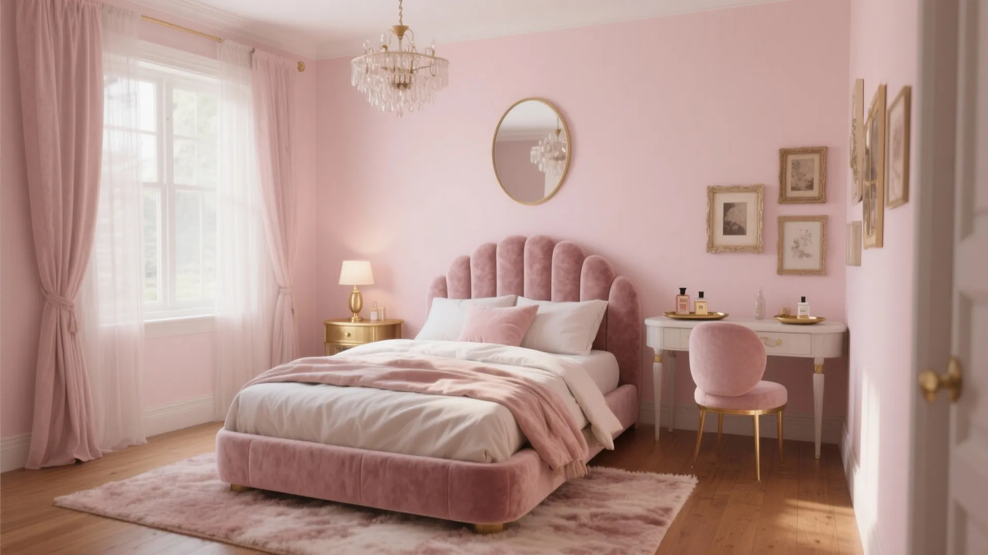 Pink bedroom with shell shaped velvet bed white desk pink chair and crystal ceiling light