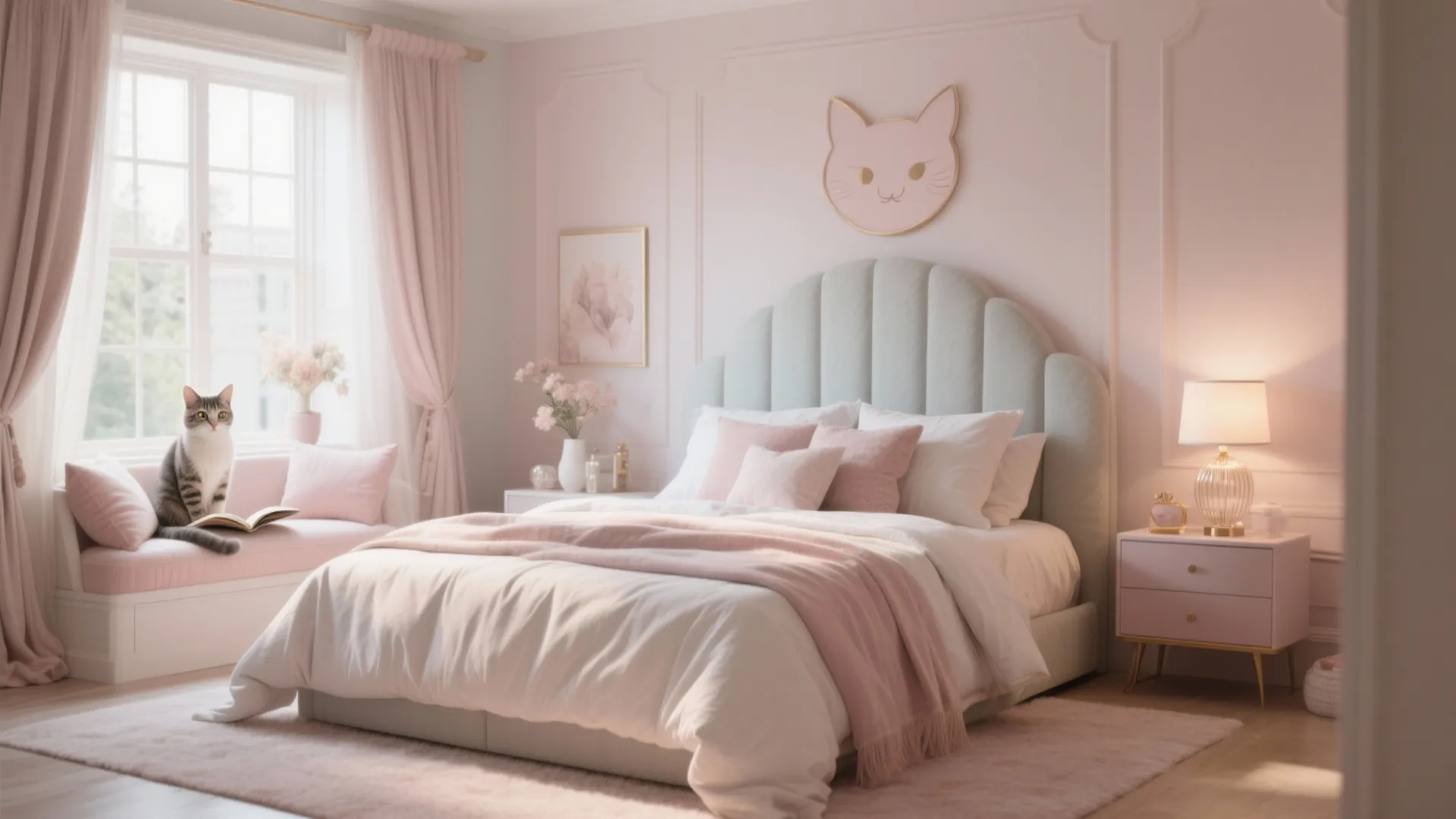 Feminine bedroom design with cat wall panel pink curtains soft bed and grey cat sitting