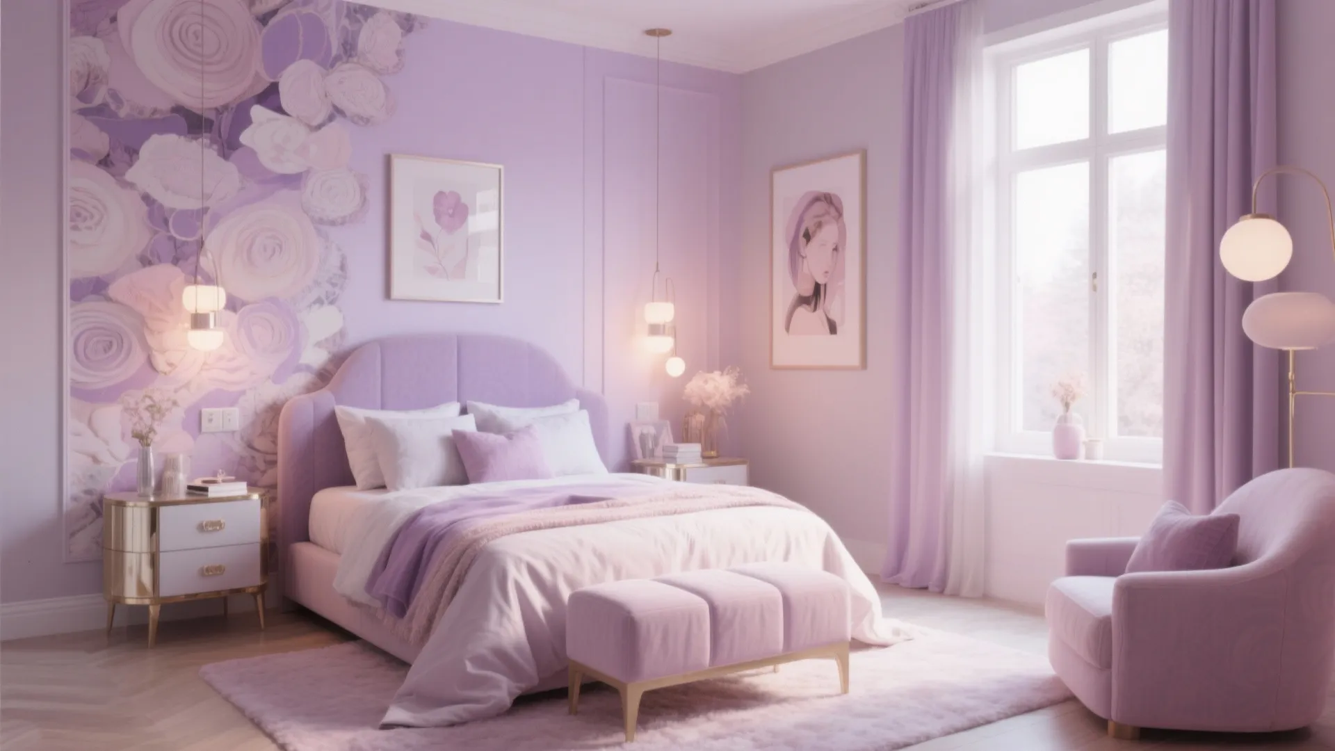 Modern purple bedroom with floral wall design plus a comfortable purple chair and light curtains