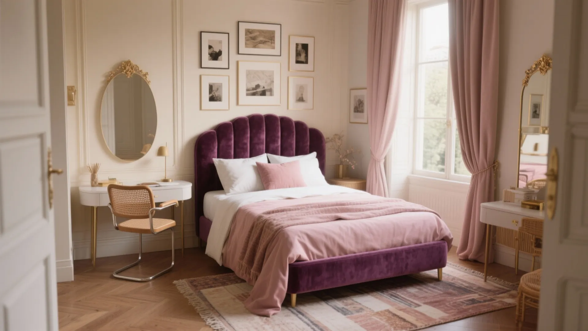 Purple velvet bed with pink bedding, pink curtains, white desk, framed pictures, and wood floor
