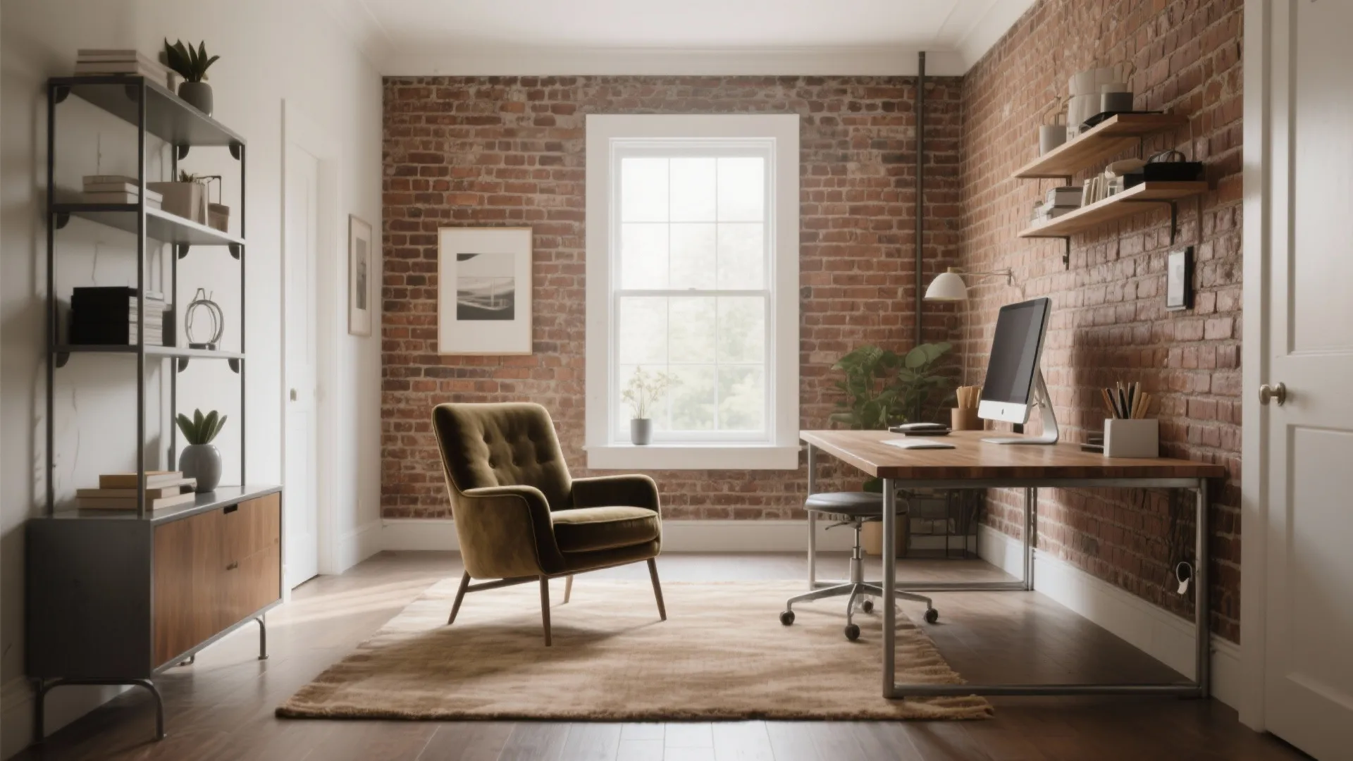 Home office balancing exposed brick and soft velvet furniture