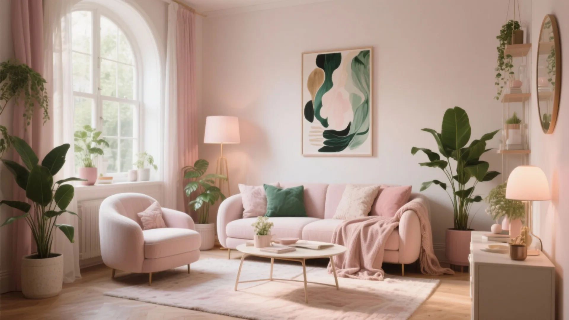 Soft pink living room featuring a comfortable sofa armchair round coffee table and many green plants