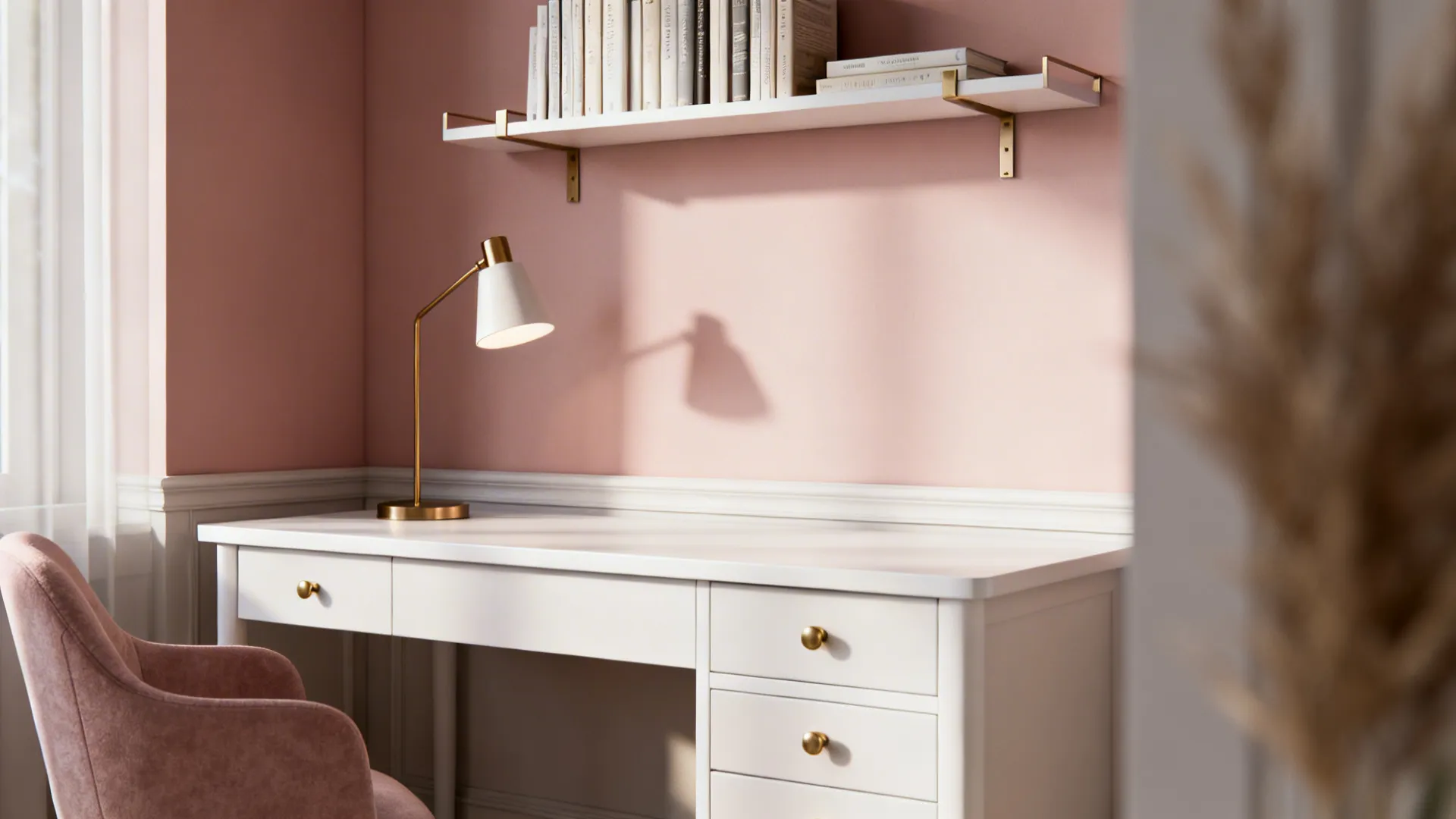 Feminine minimalist desk with blush wall, brass hardware and slim shelving in soft daylight.