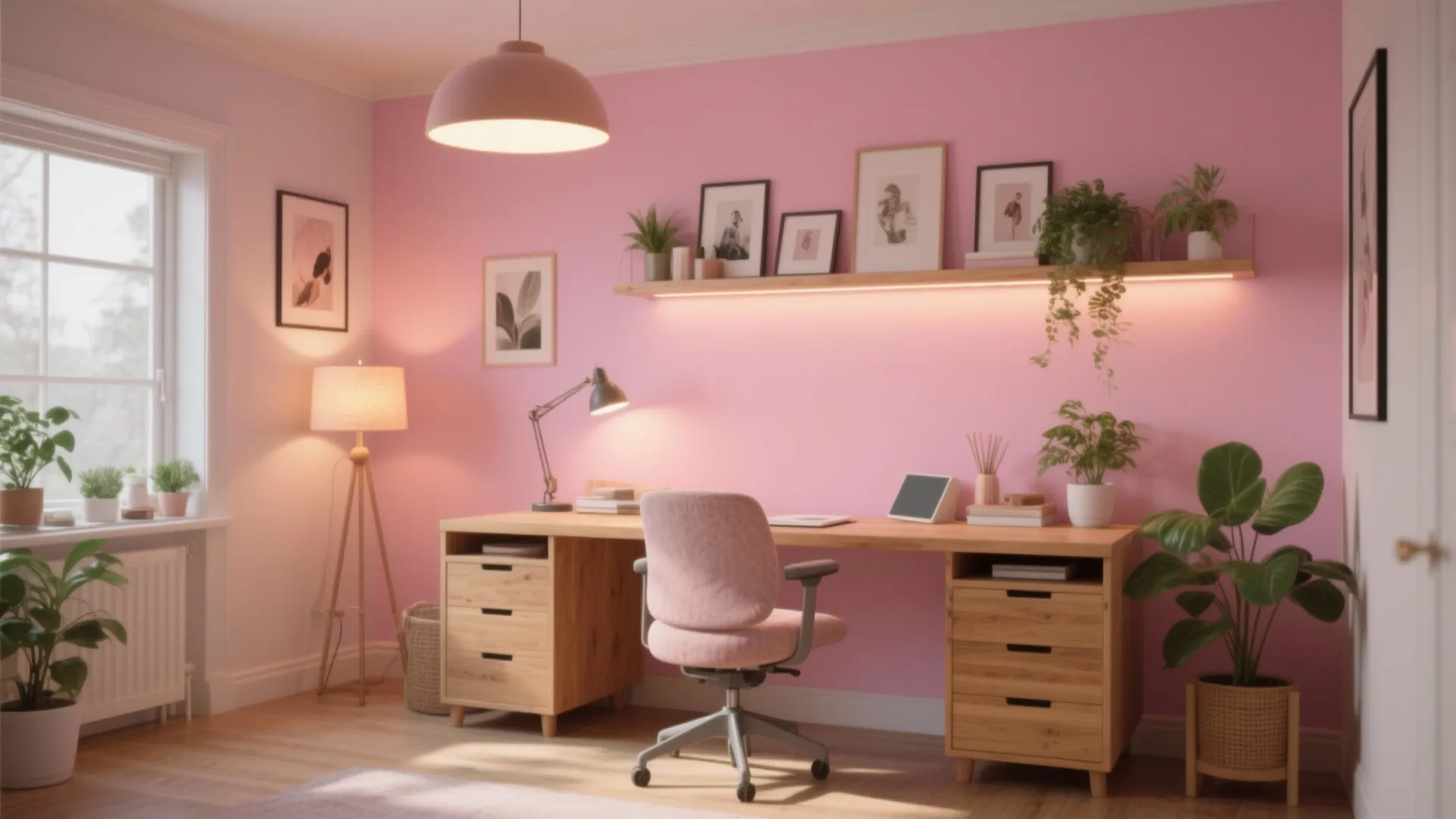 Pink wall home office with wooden desk pink chair ceiling light wall shelf and green plants